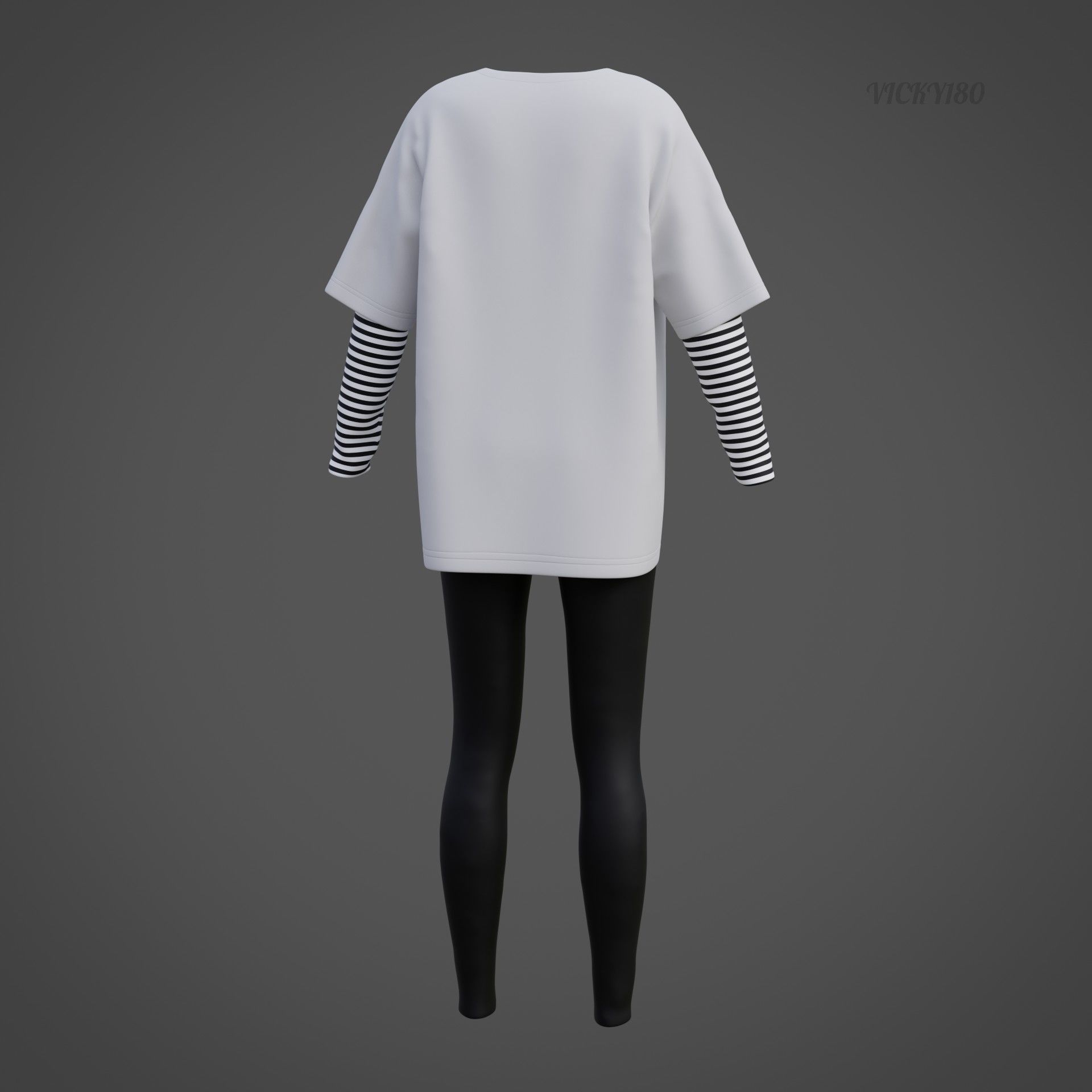Oversized T-Shirt and Leggings Goth Outfit - White and Black ... 3D model_29