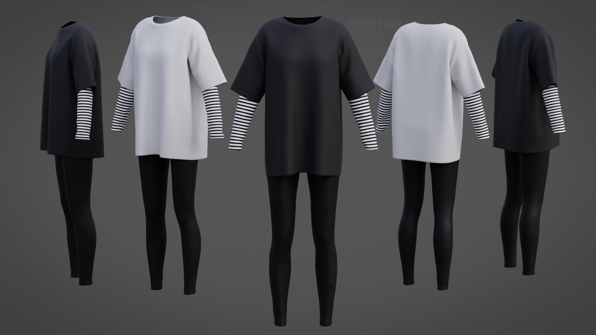 Oversized T-Shirt and Leggings Goth Outfit - White and Black ... 3D model_46