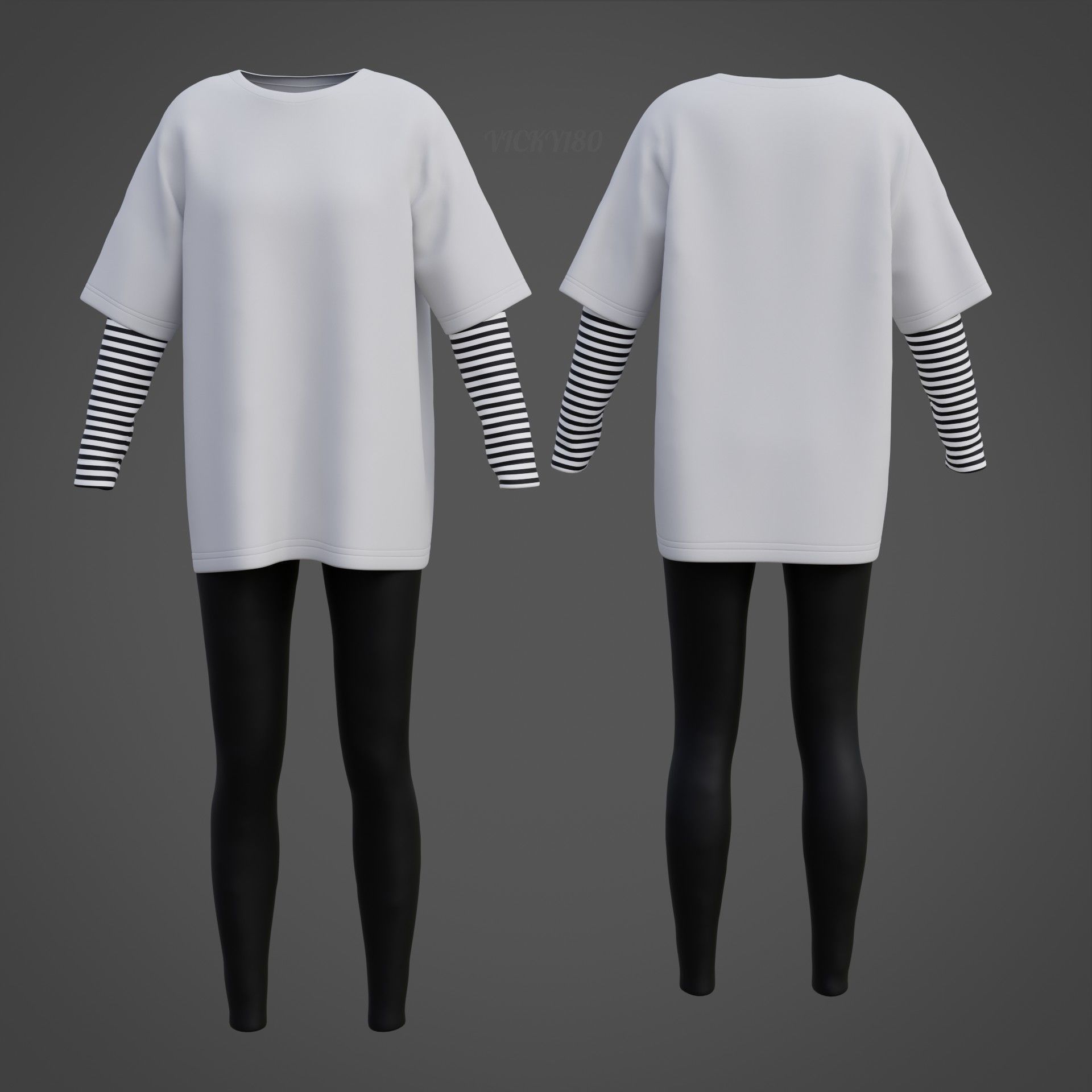 Oversized T-Shirt and Leggings Goth Outfit - White and Black ... 3D model_5