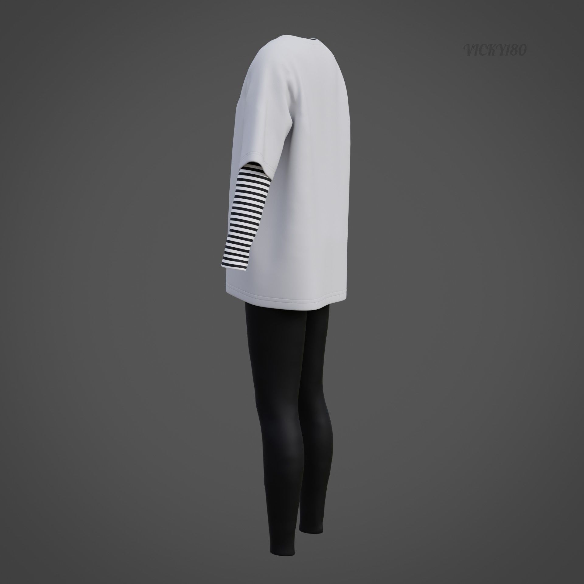 Oversized T-Shirt and Leggings Goth Outfit - White and Black ... 3D model_32