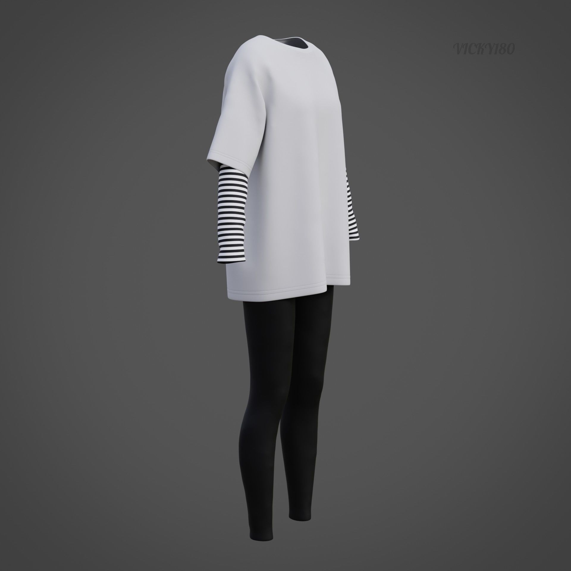 Oversized T-Shirt and Leggings Goth Outfit - White and Black ... 3D model_31