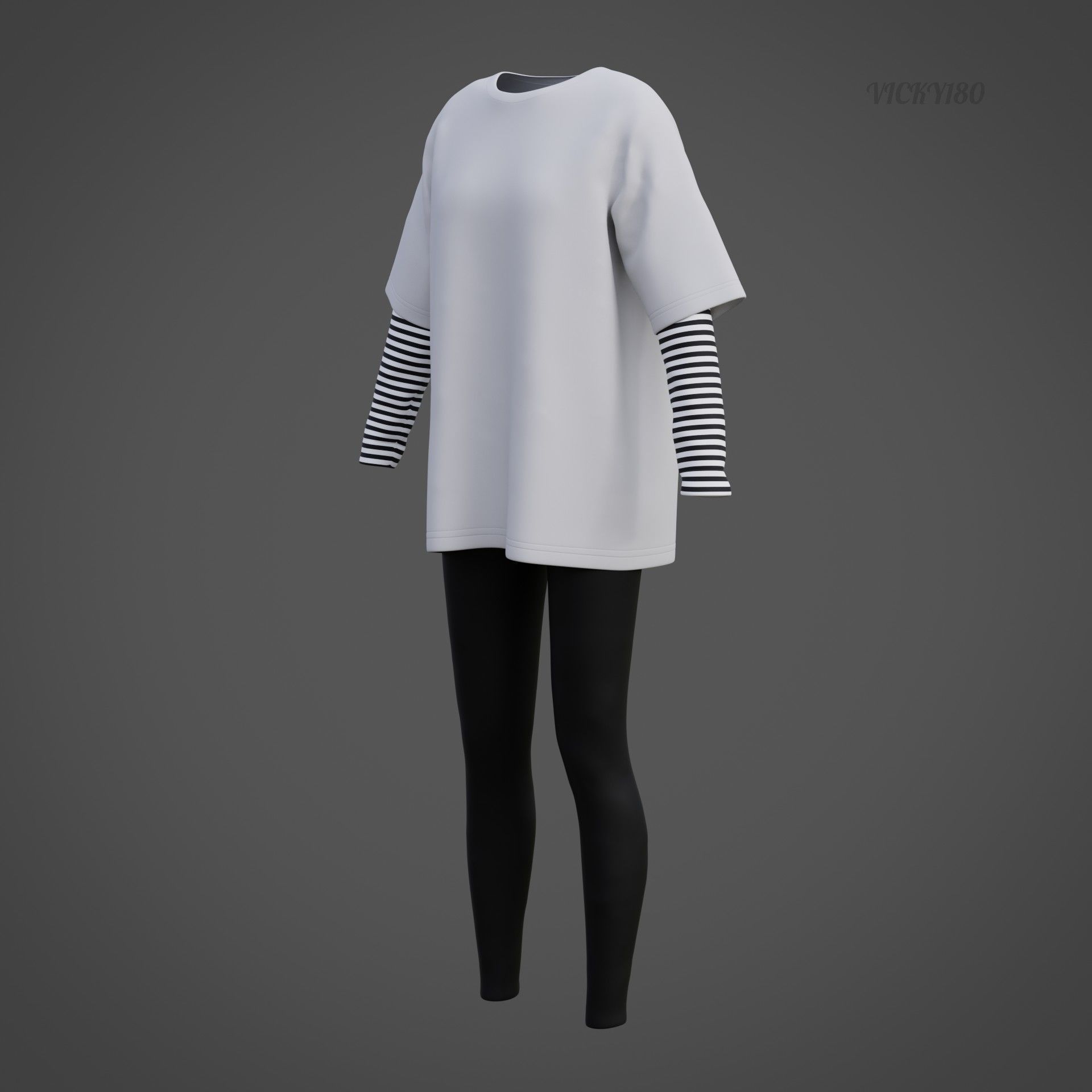 Oversized T-Shirt and Leggings Goth Outfit - White and Black ... 3D model_33