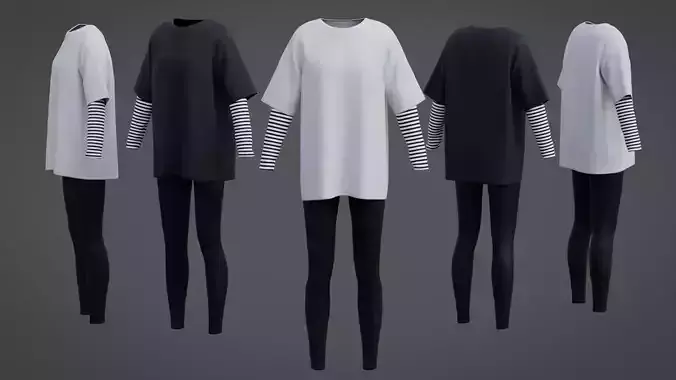 Oversized T-Shirt and Leggings Goth Outfit - White and Black E-Girl Shirt