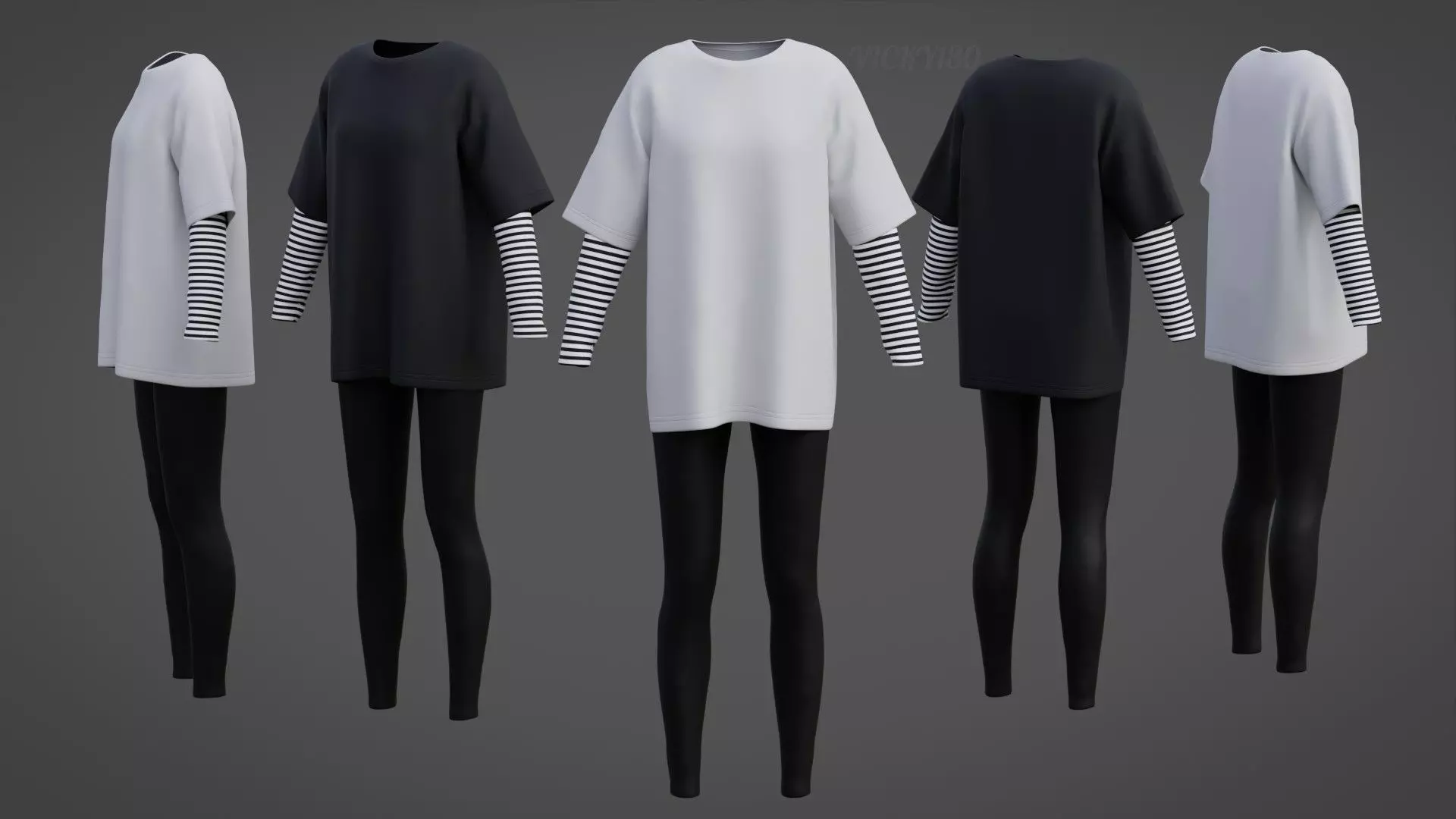 Oversized T-Shirt and Leggings Goth Outfit - White and Black ... 3D model_0