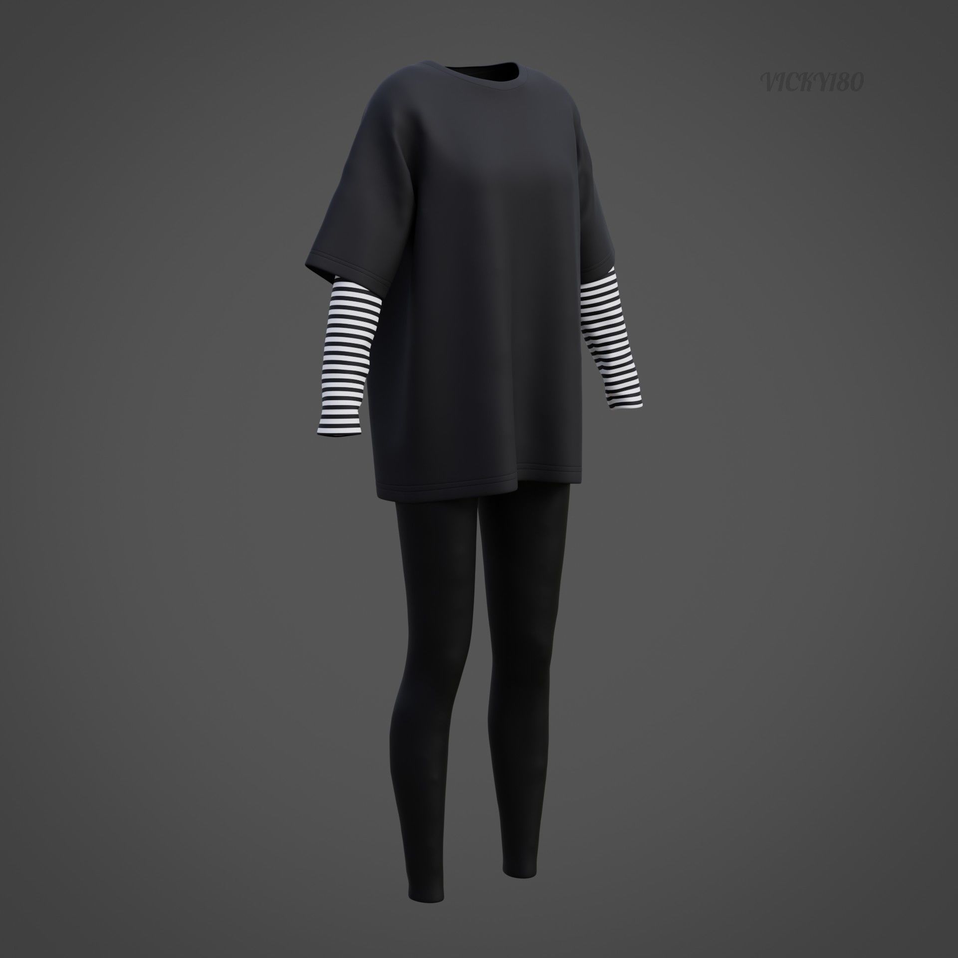 Oversized T-Shirt and Leggings Goth Outfit - White and Black ... 3D model_34