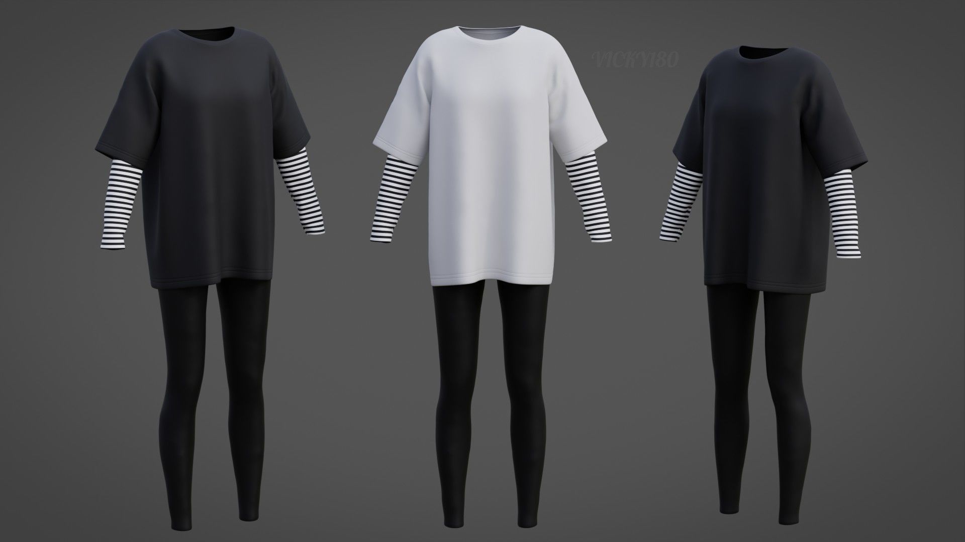 Oversized T-Shirt and Leggings Goth Outfit - White and Black ... 3D model_45