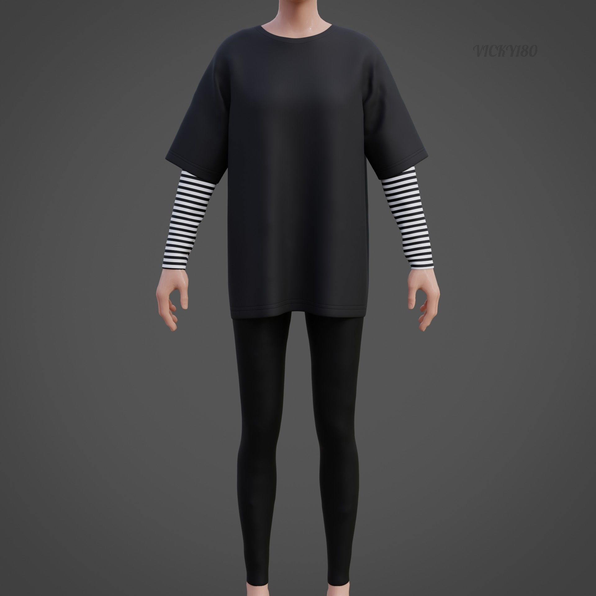 Oversized T-Shirt and Leggings Goth Outfit - White and Black ... 3D model_10
