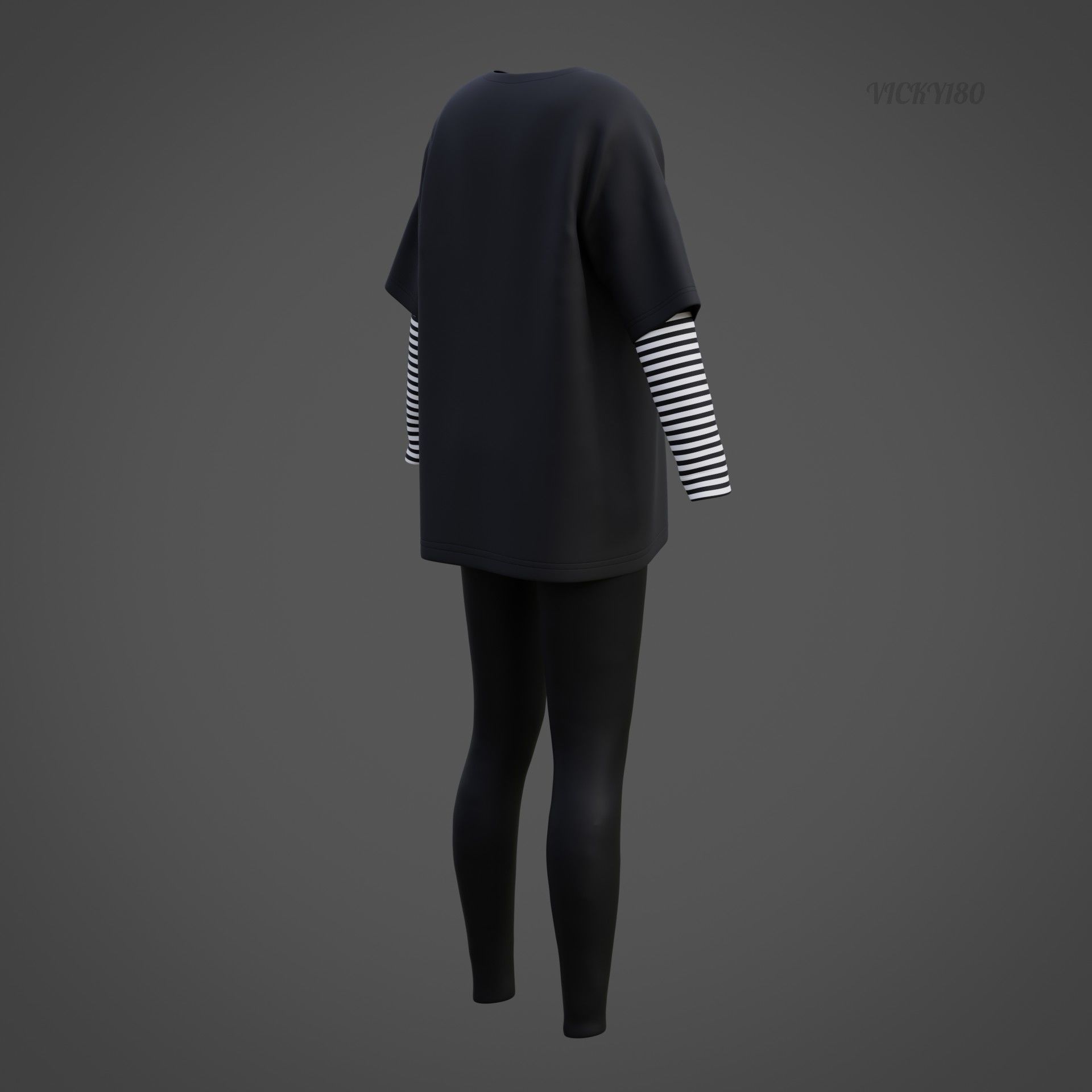 Oversized T-Shirt and Leggings Goth Outfit - White and Black ... 3D model_44