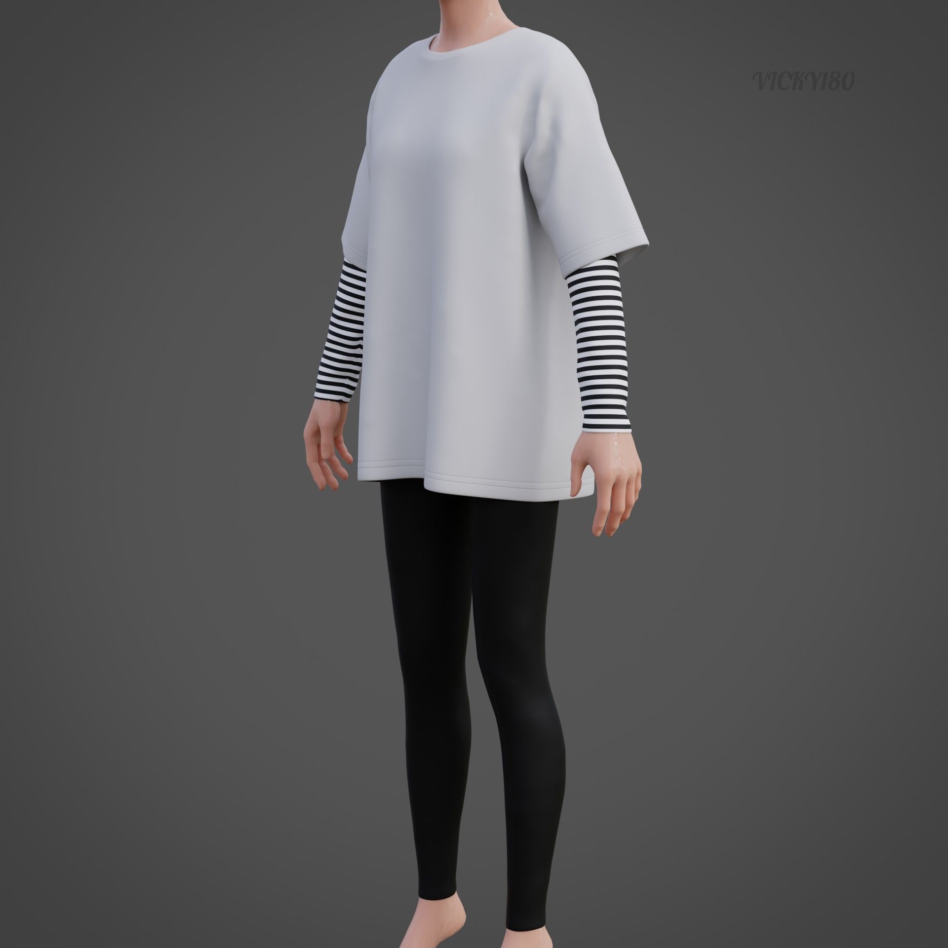 Oversized T-Shirt and Leggings Goth Outfit - White and Black ... 3D model_17