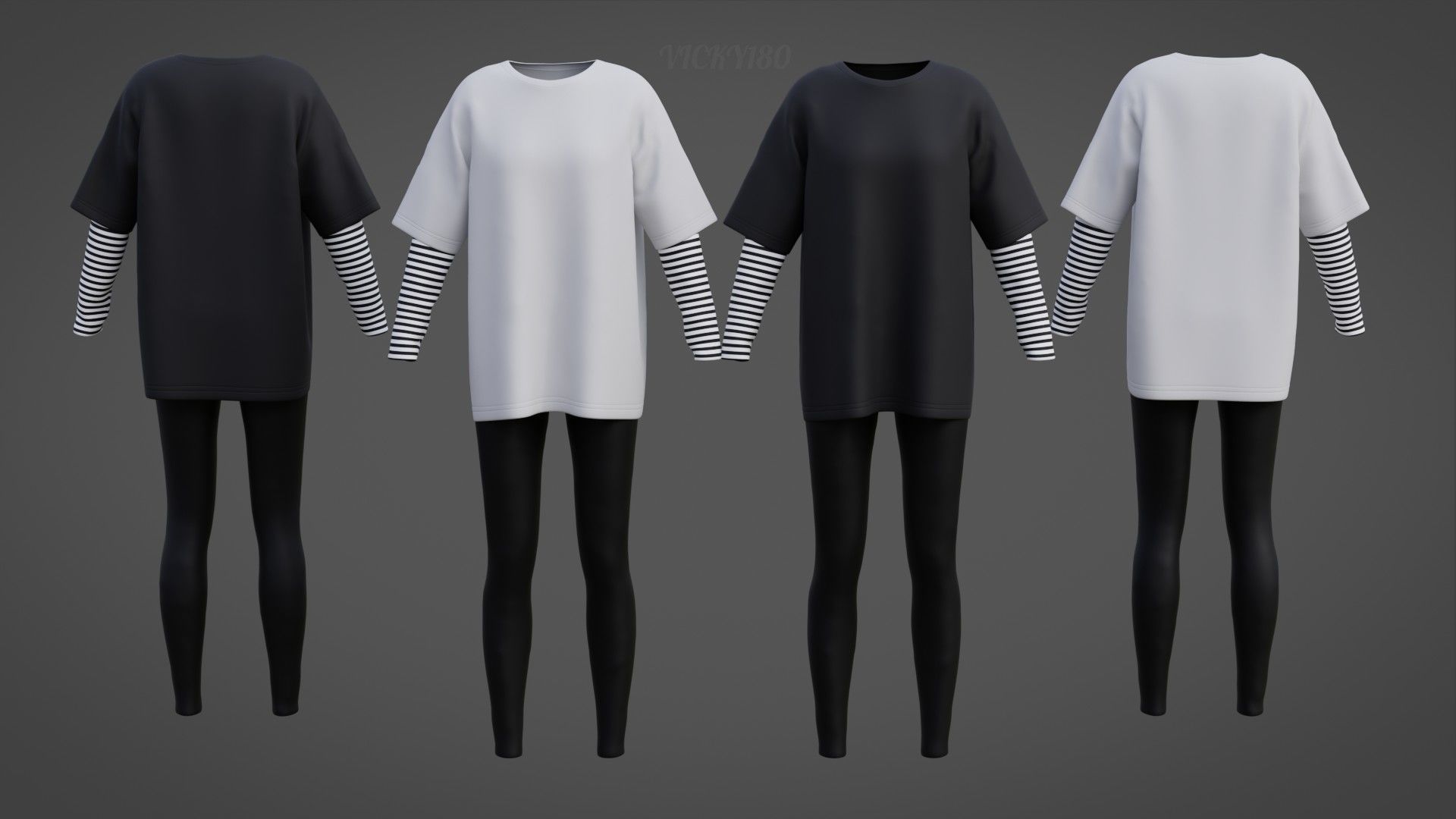 Oversized T-Shirt and Leggings Goth Outfit - White and Black ... 3D model_1