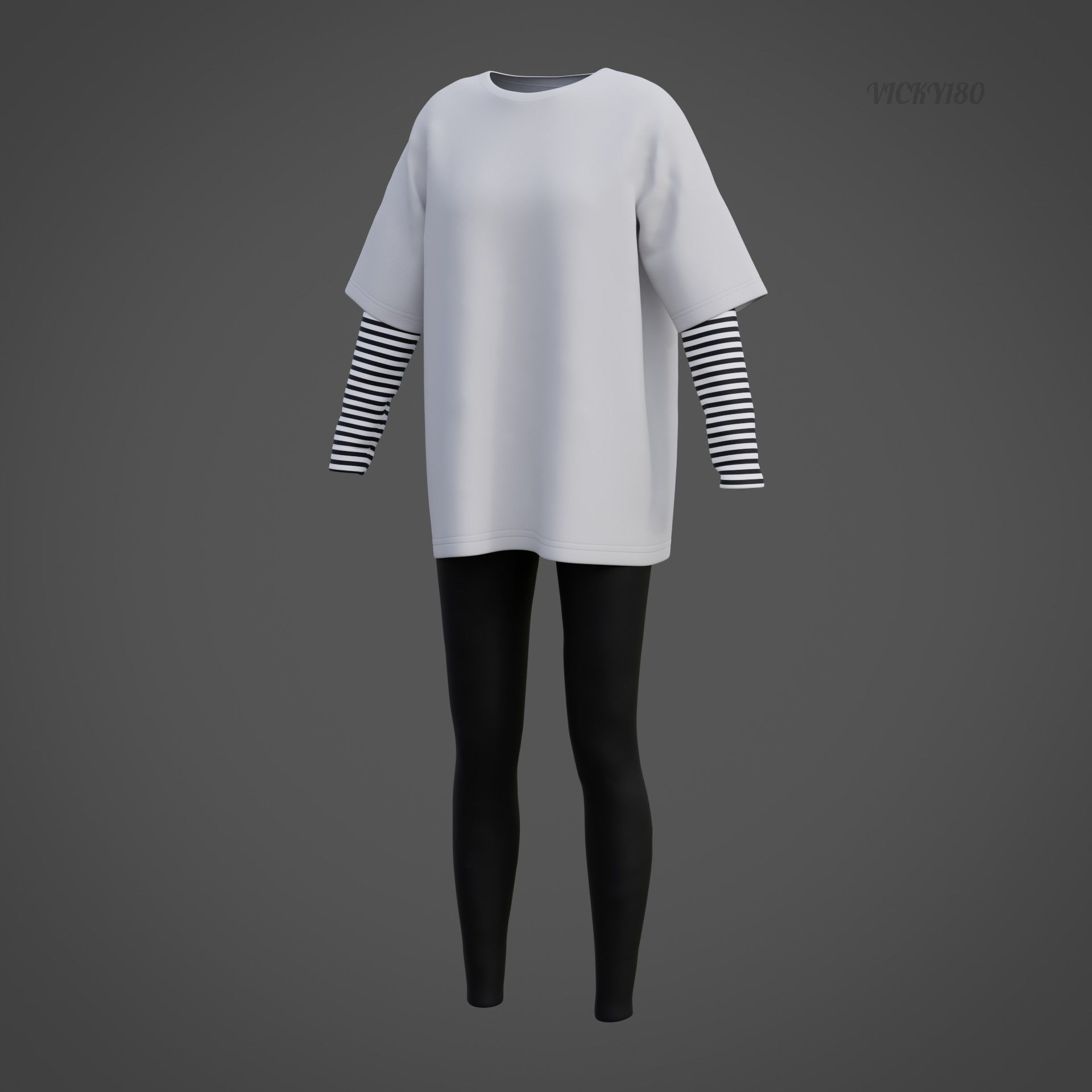 Oversized T-Shirt and Leggings Goth Outfit - White and Black ... 3D model_38