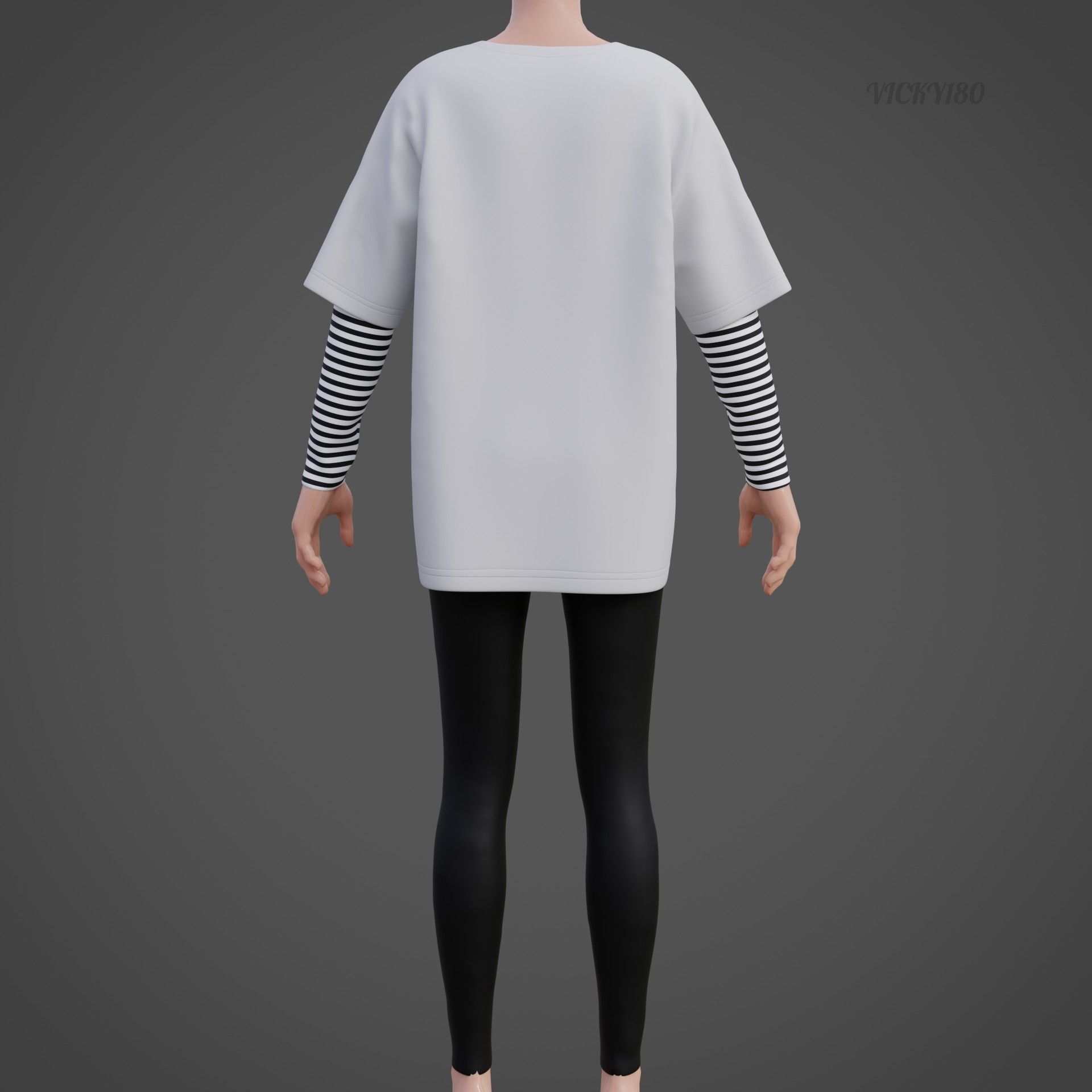 Oversized T-Shirt and Leggings Goth Outfit - White and Black ... 3D model_18