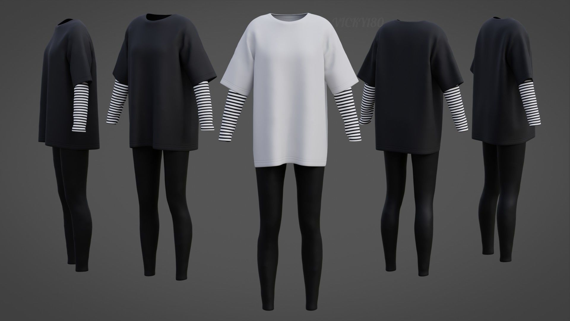 Oversized T-Shirt and Leggings Goth Outfit - White and Black ... 3D model_2