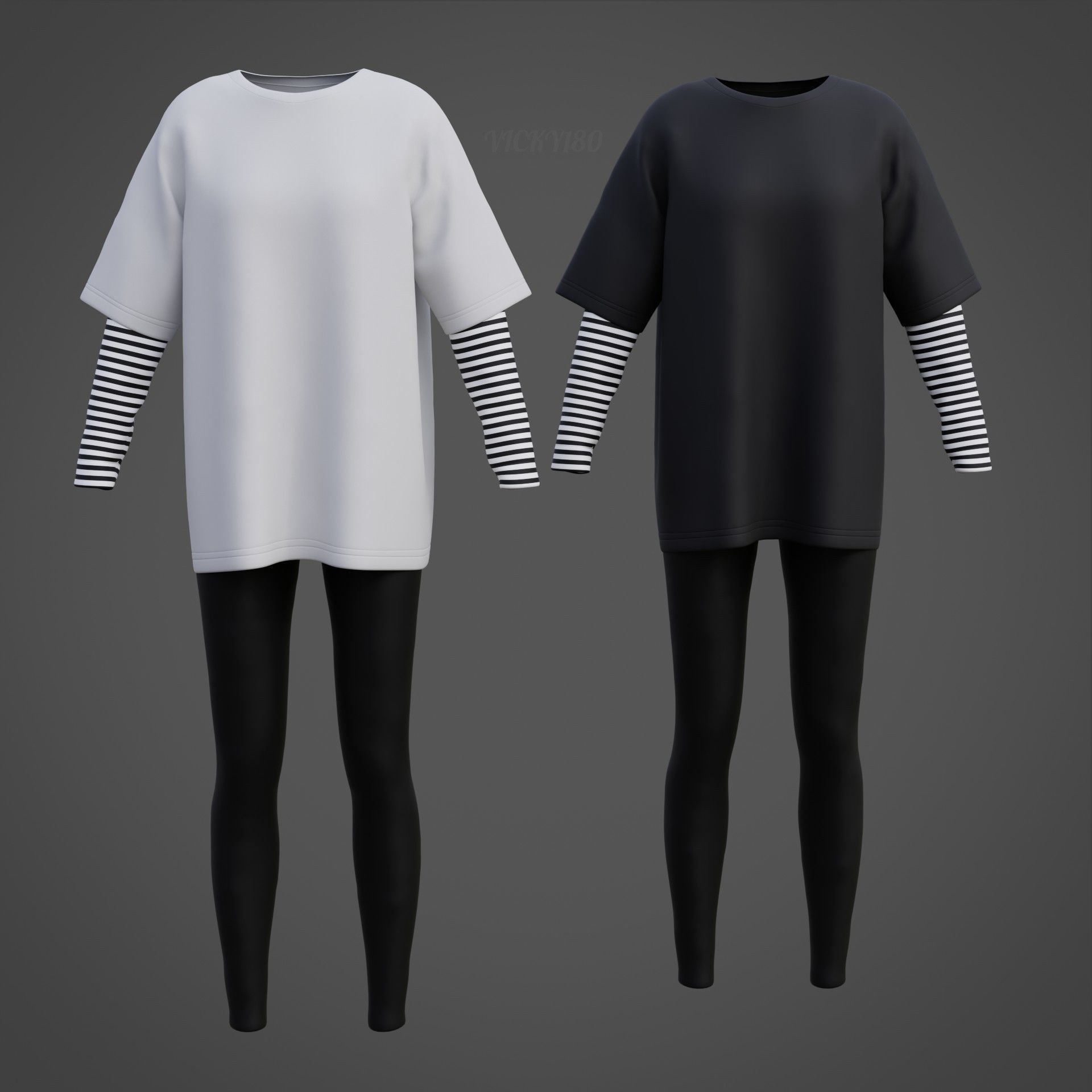 Oversized T-Shirt and Leggings Goth Outfit - White and Black ... 3D model_4