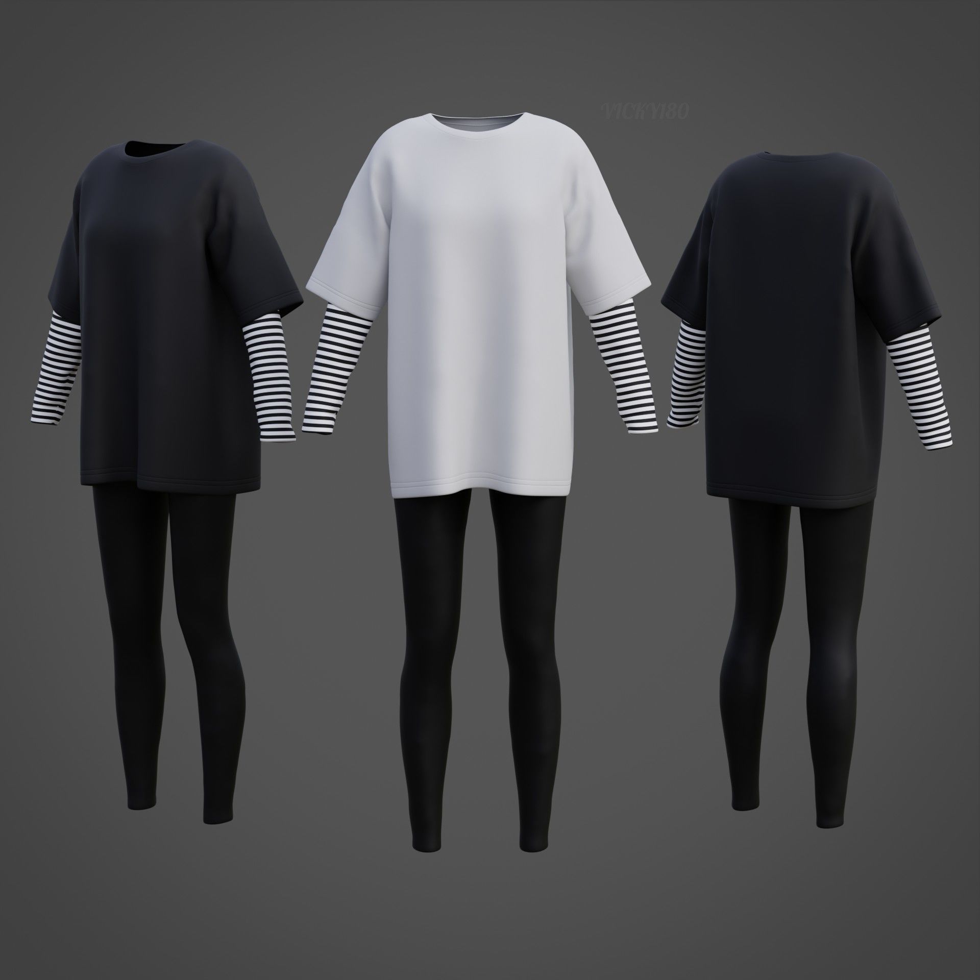 Oversized T-Shirt and Leggings Goth Outfit - White and Black ... 3D model_6