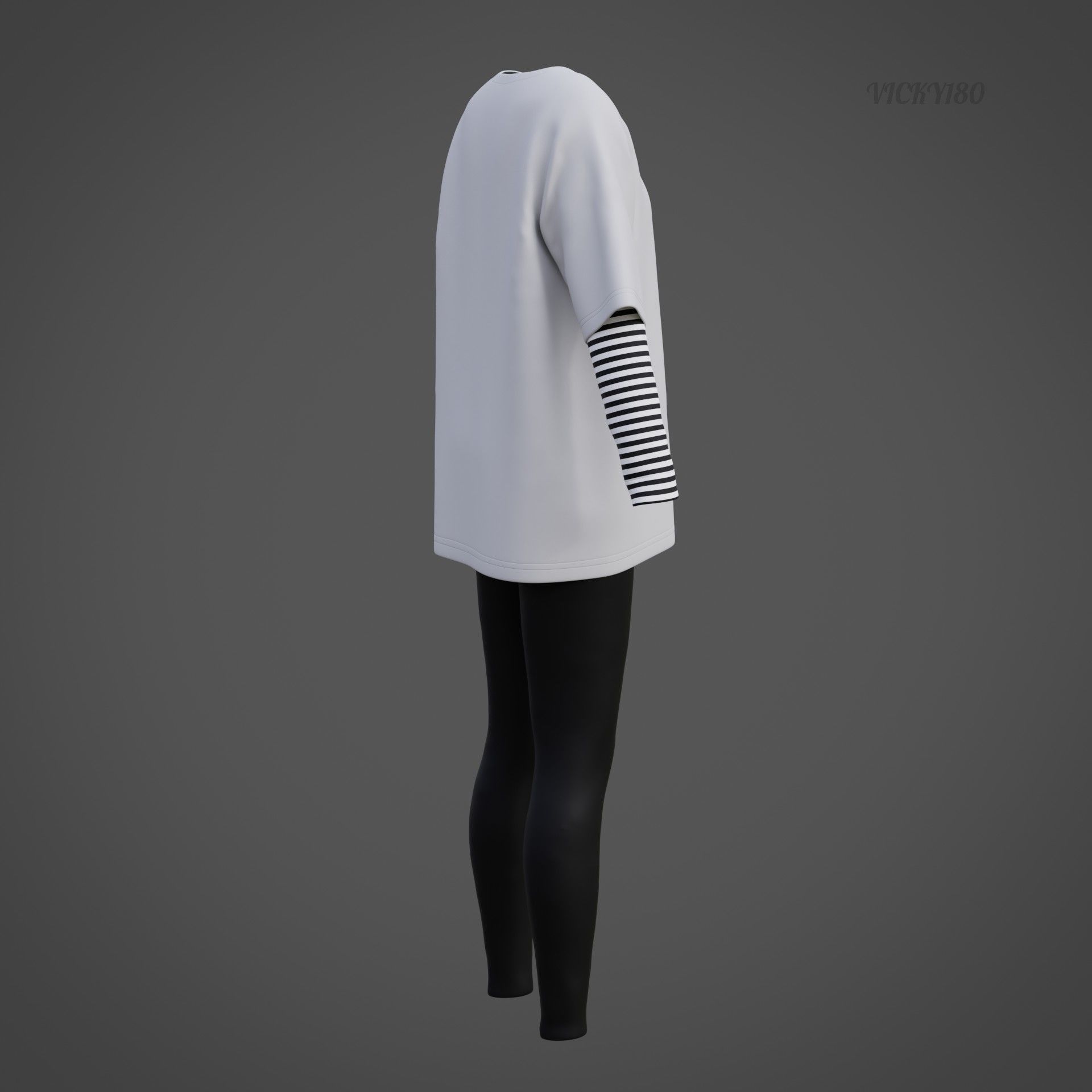 Oversized T-Shirt and Leggings Goth Outfit - White and Black ... 3D model_28