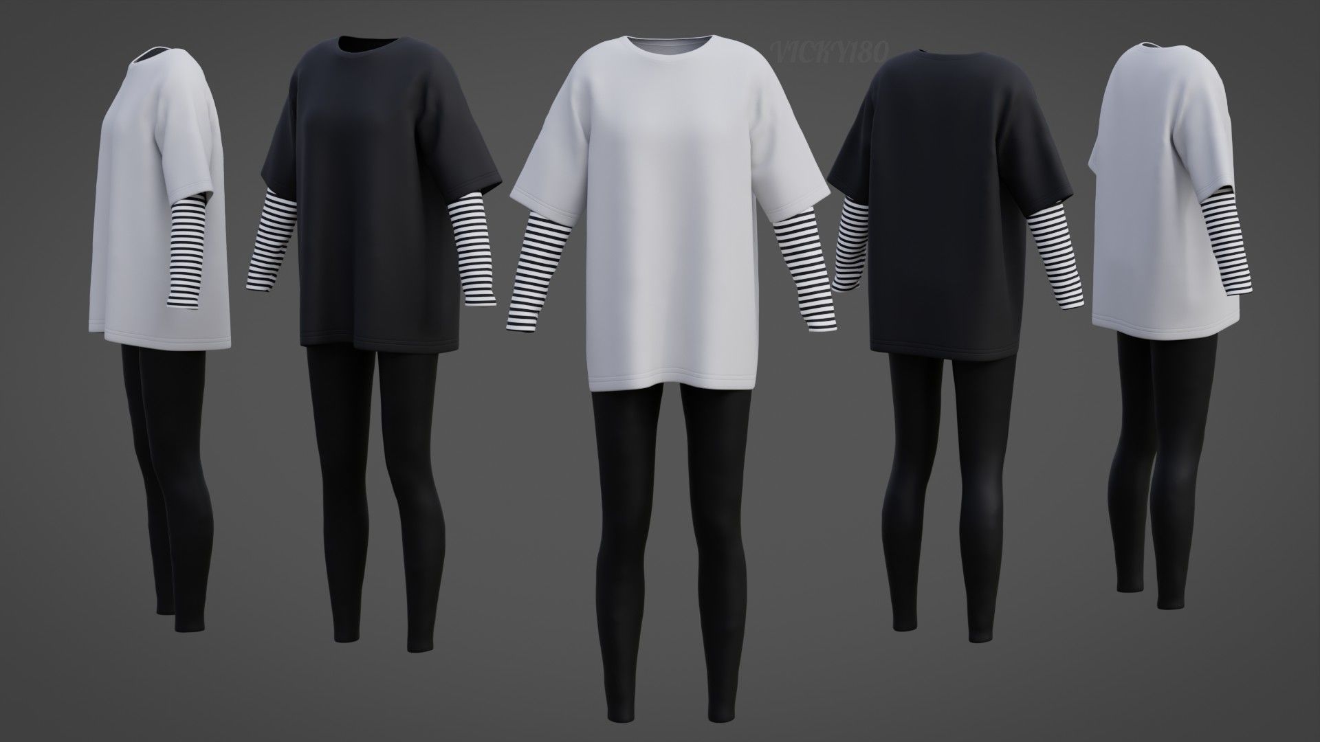 Oversized T-Shirt and Leggings Goth Outfit - White and Black ... 3D model_47