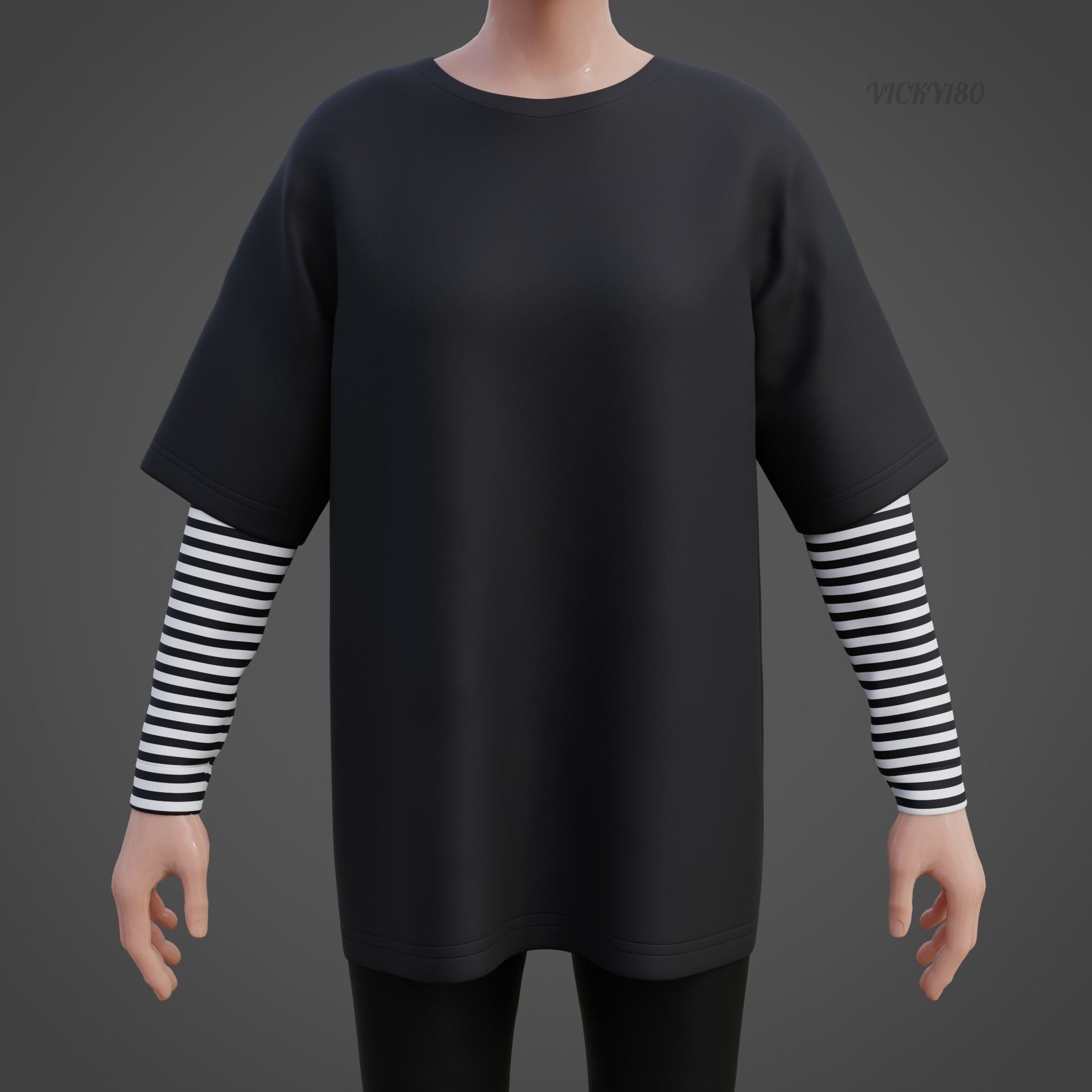 Oversized T-Shirt and Leggings Goth Outfit - White and Black ... 3D model_20