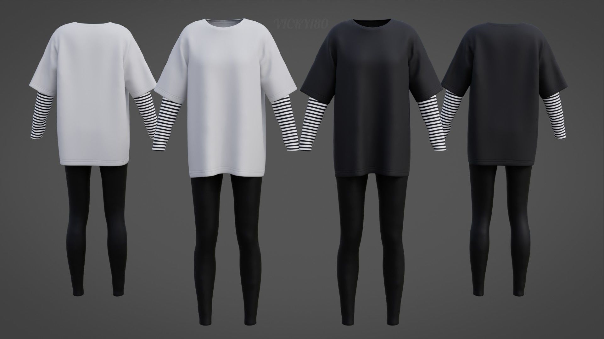 Oversized T-Shirt and Leggings Goth Outfit - White and Black ... 3D model_3