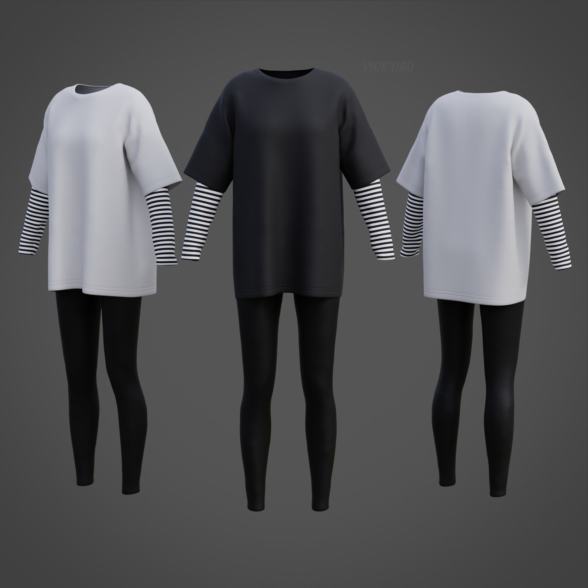 Oversized T-Shirt and Leggings Goth Outfit - White and Black ... 3D model_25