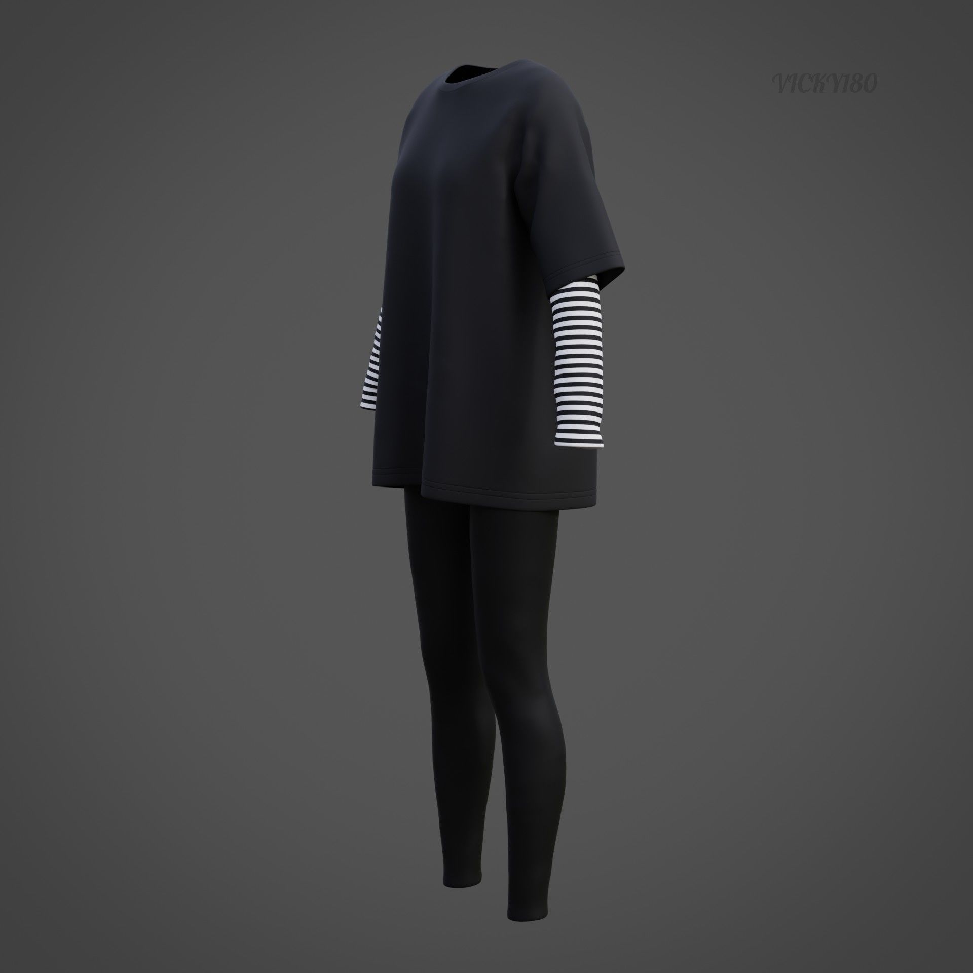 Oversized T-Shirt and Leggings Goth Outfit - White and Black ... 3D model_43