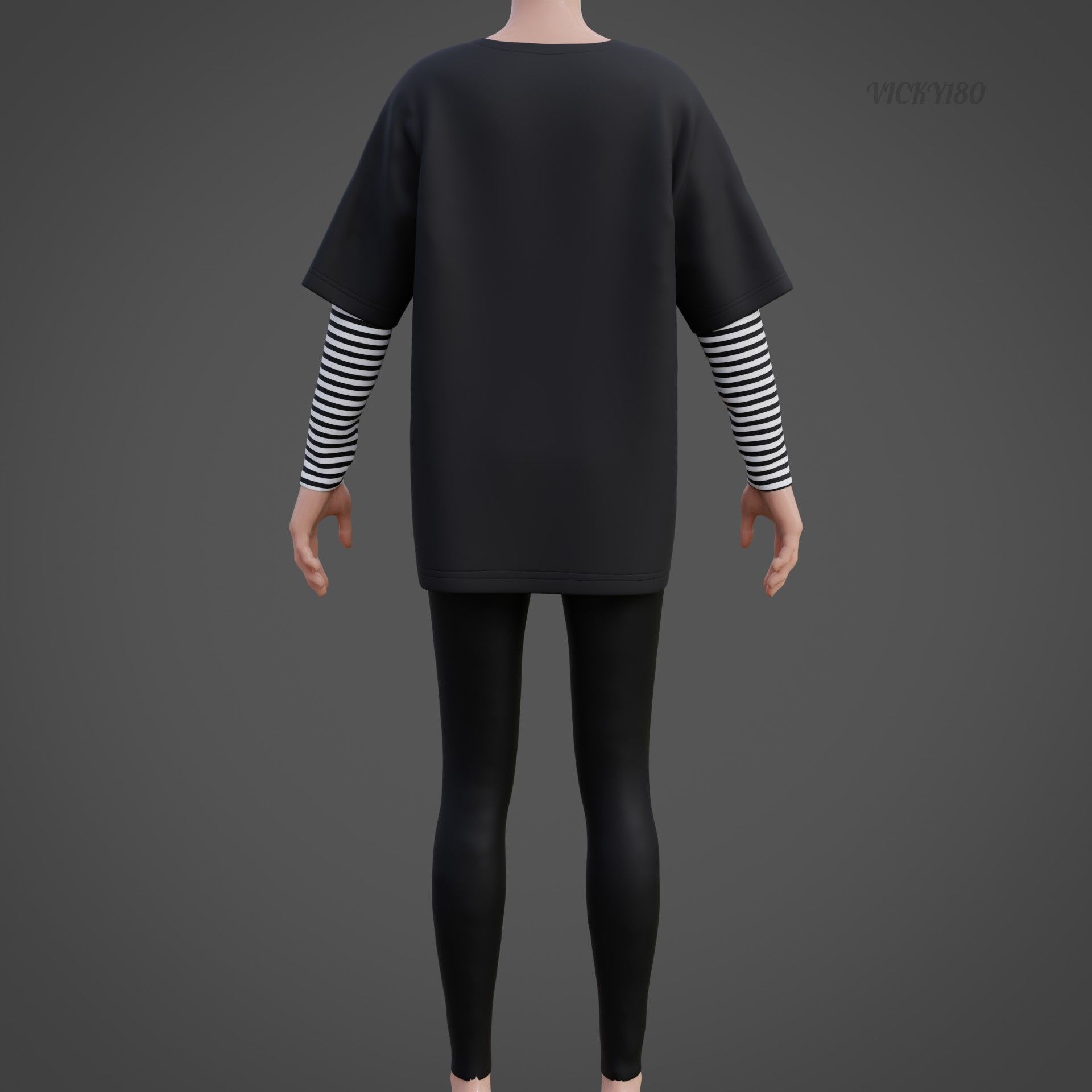 Oversized T-Shirt and Leggings Goth Outfit - White and Black ... 3D model_11