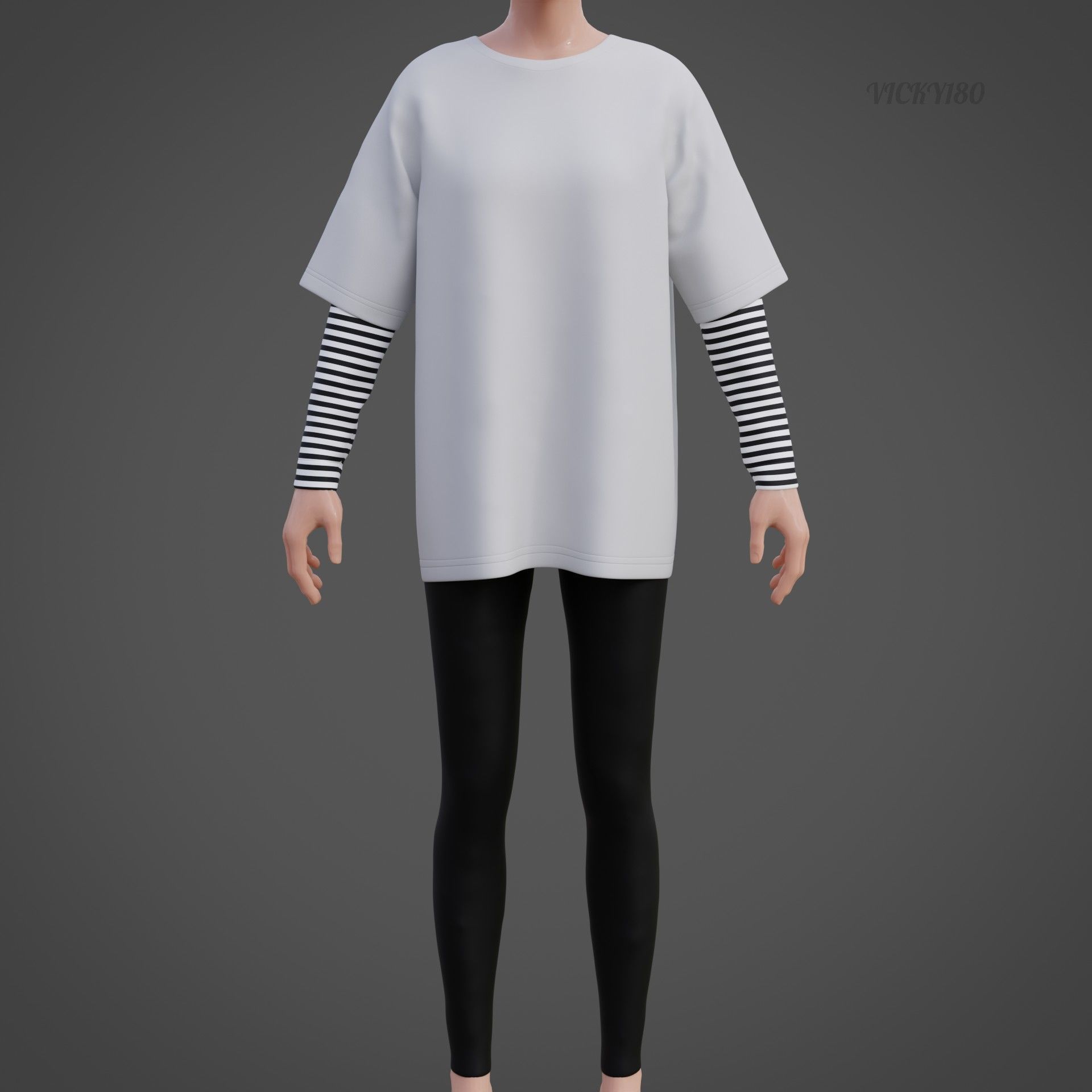 Oversized T-Shirt and Leggings Goth Outfit - White and Black ... 3D model_26