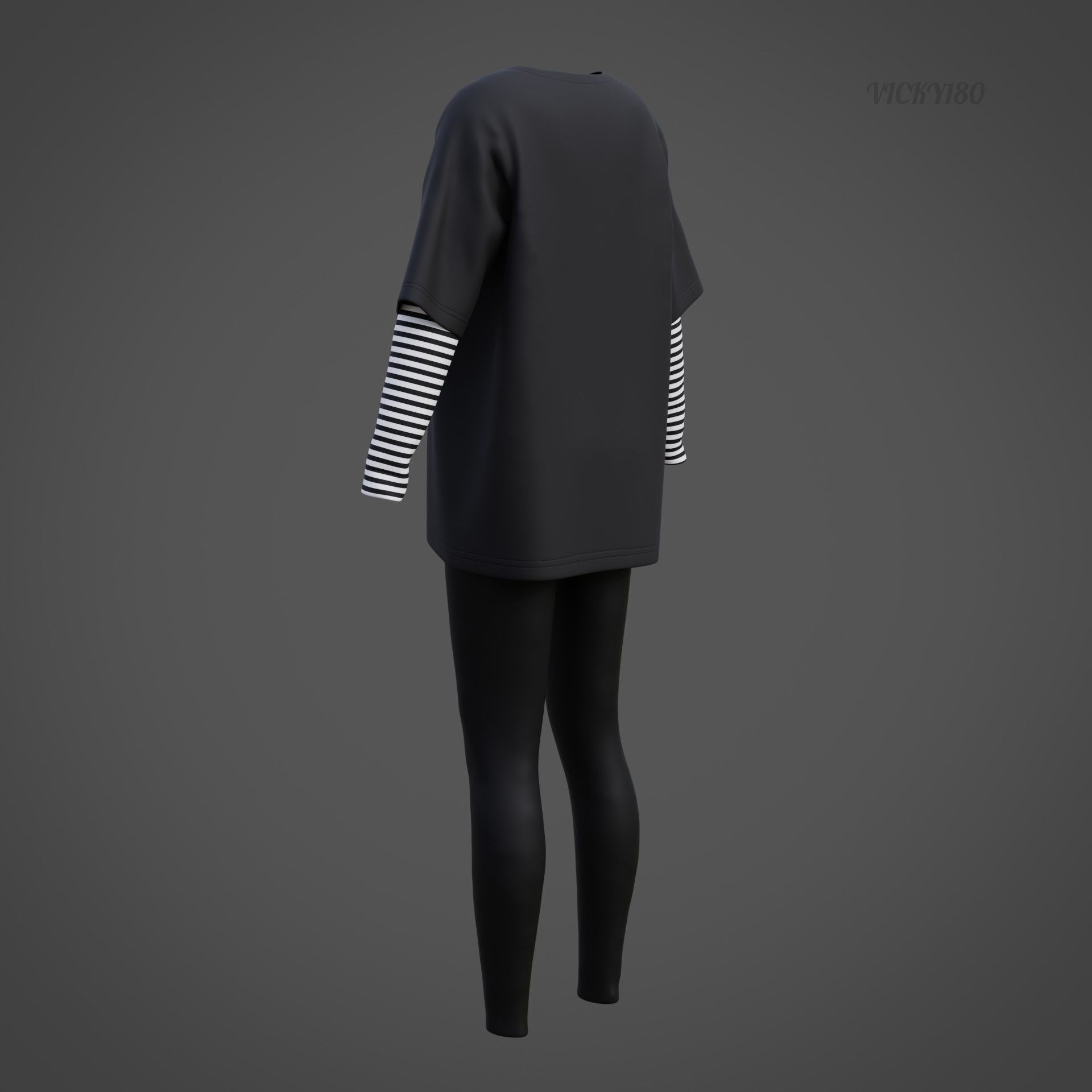 Oversized T-Shirt and Leggings Goth Outfit - White and Black ... 3D model_36