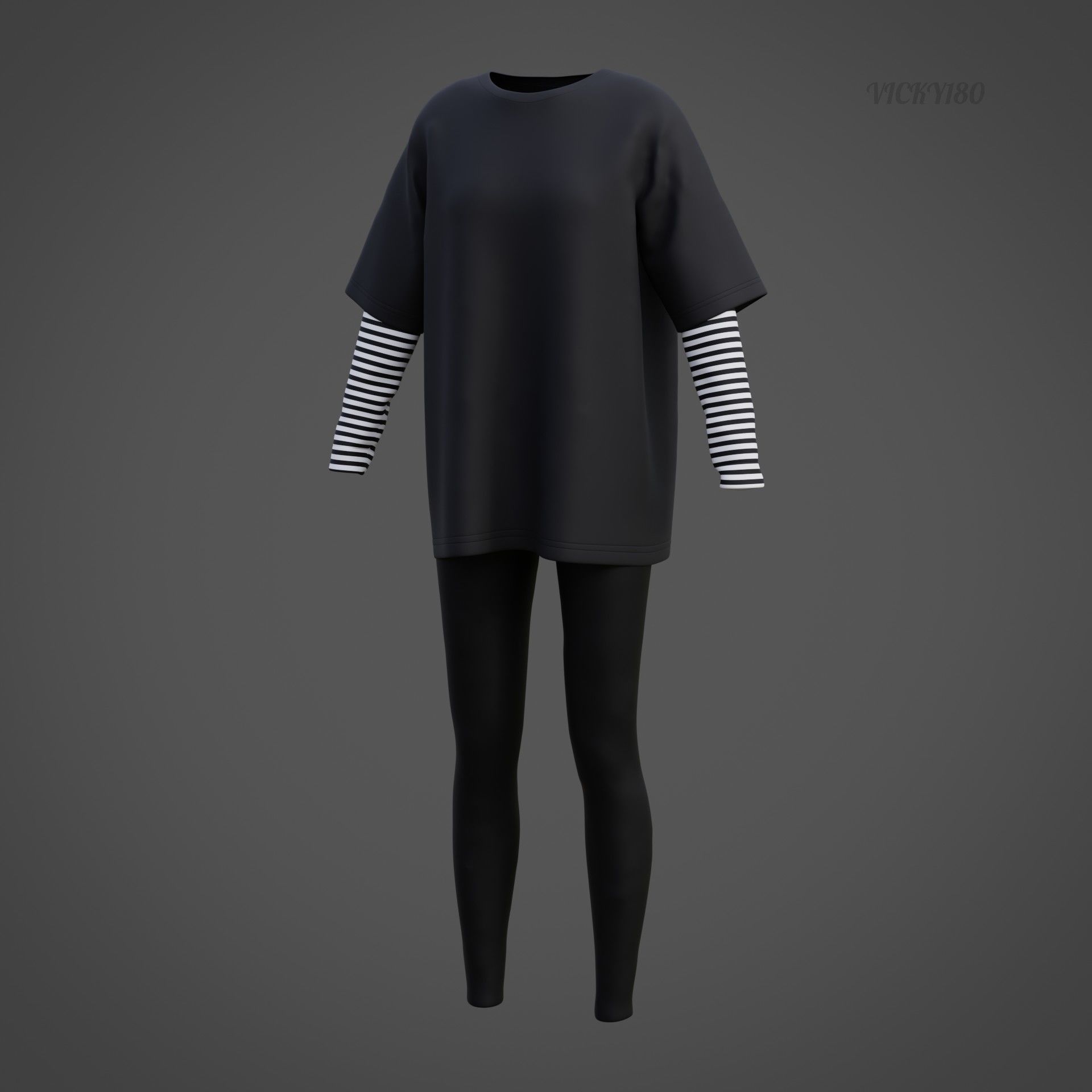 Oversized T-Shirt and Leggings Goth Outfit - White and Black ... 3D model_42