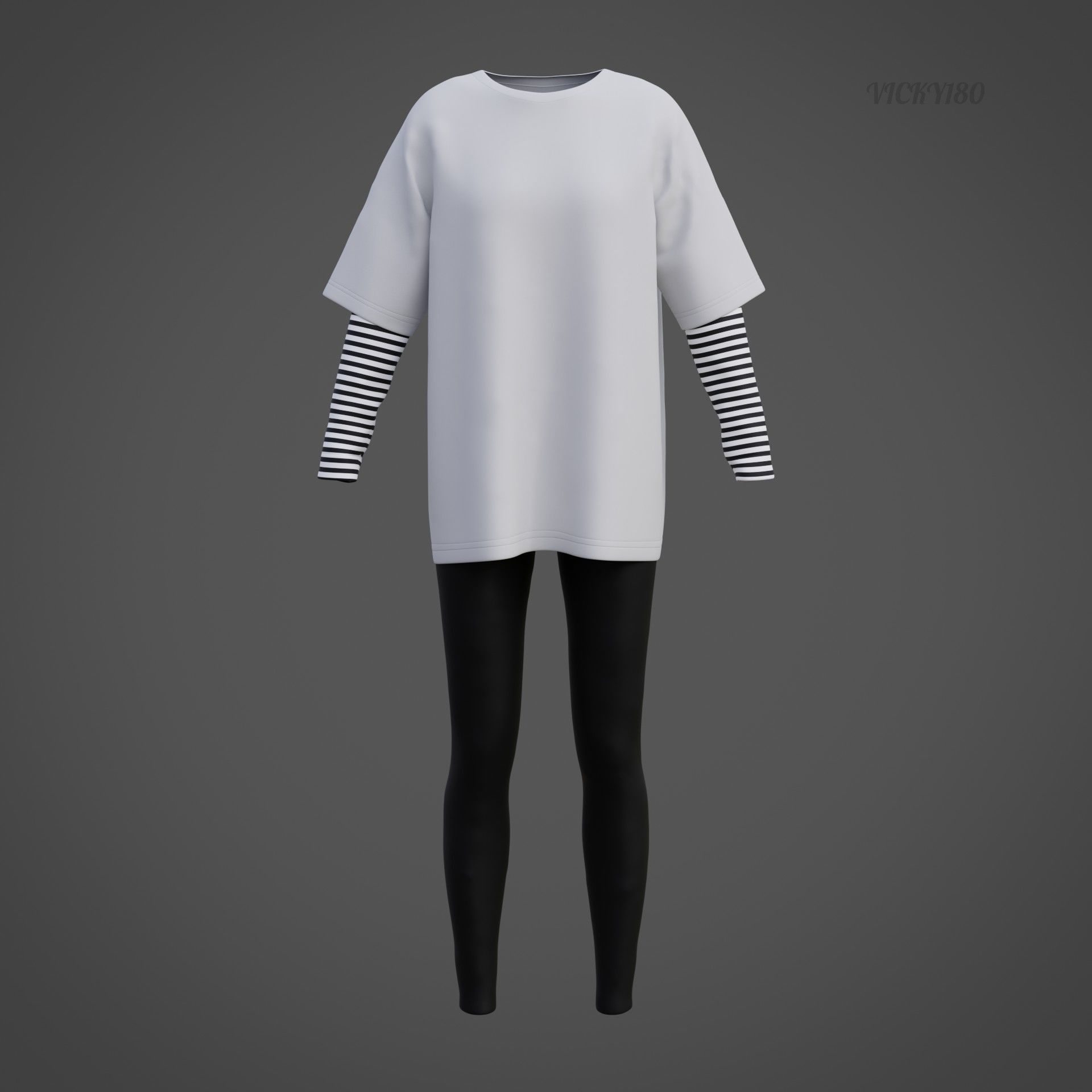 Oversized T-Shirt and Leggings Goth Outfit - White and Black ... 3D model_27