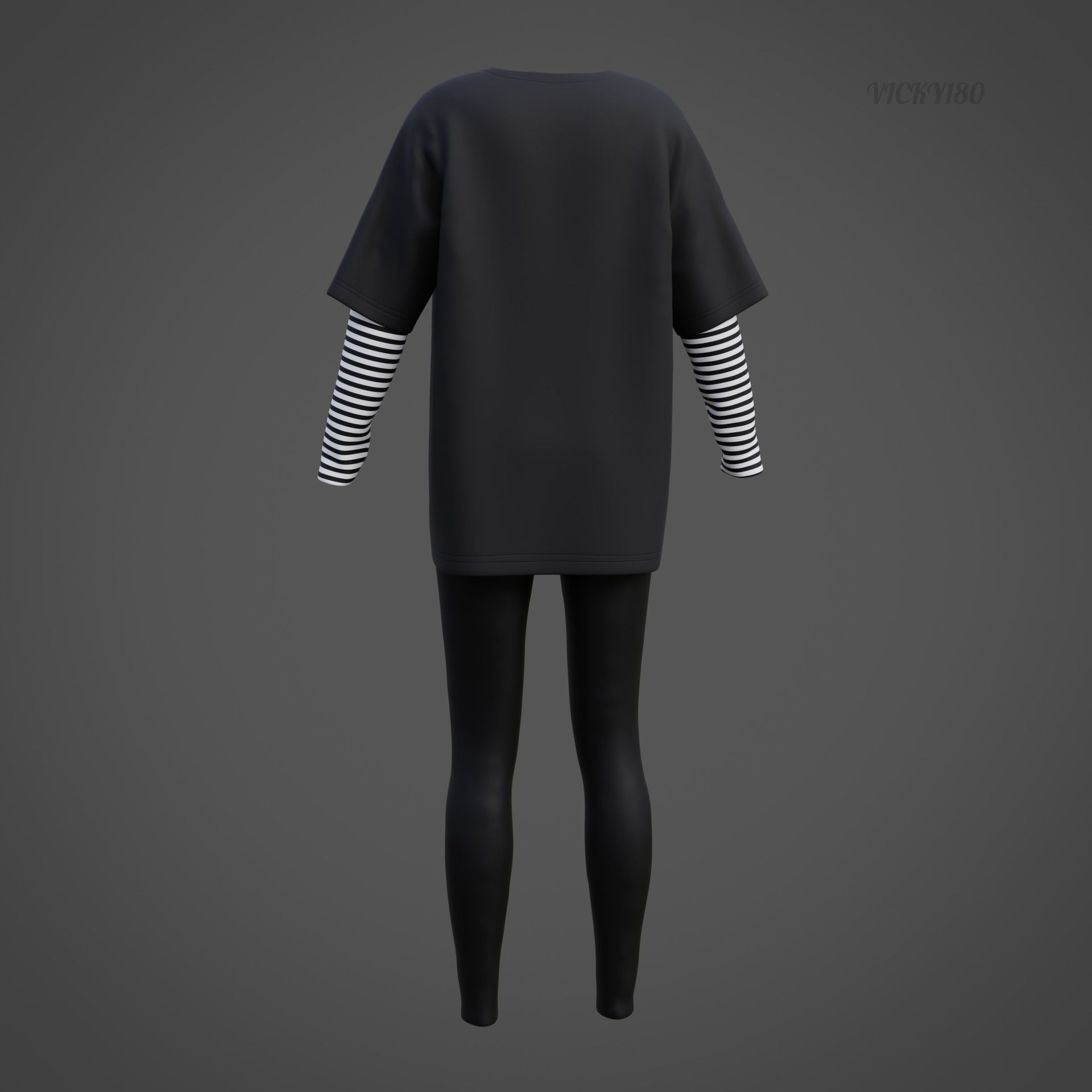 Oversized T-Shirt and Leggings Goth Outfit - White and Black ... 3D model_40