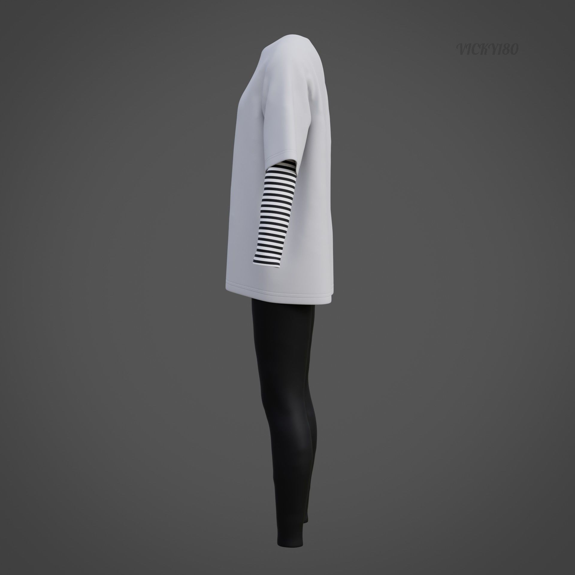 Oversized T-Shirt and Leggings Goth Outfit - White and Black ... 3D model_37