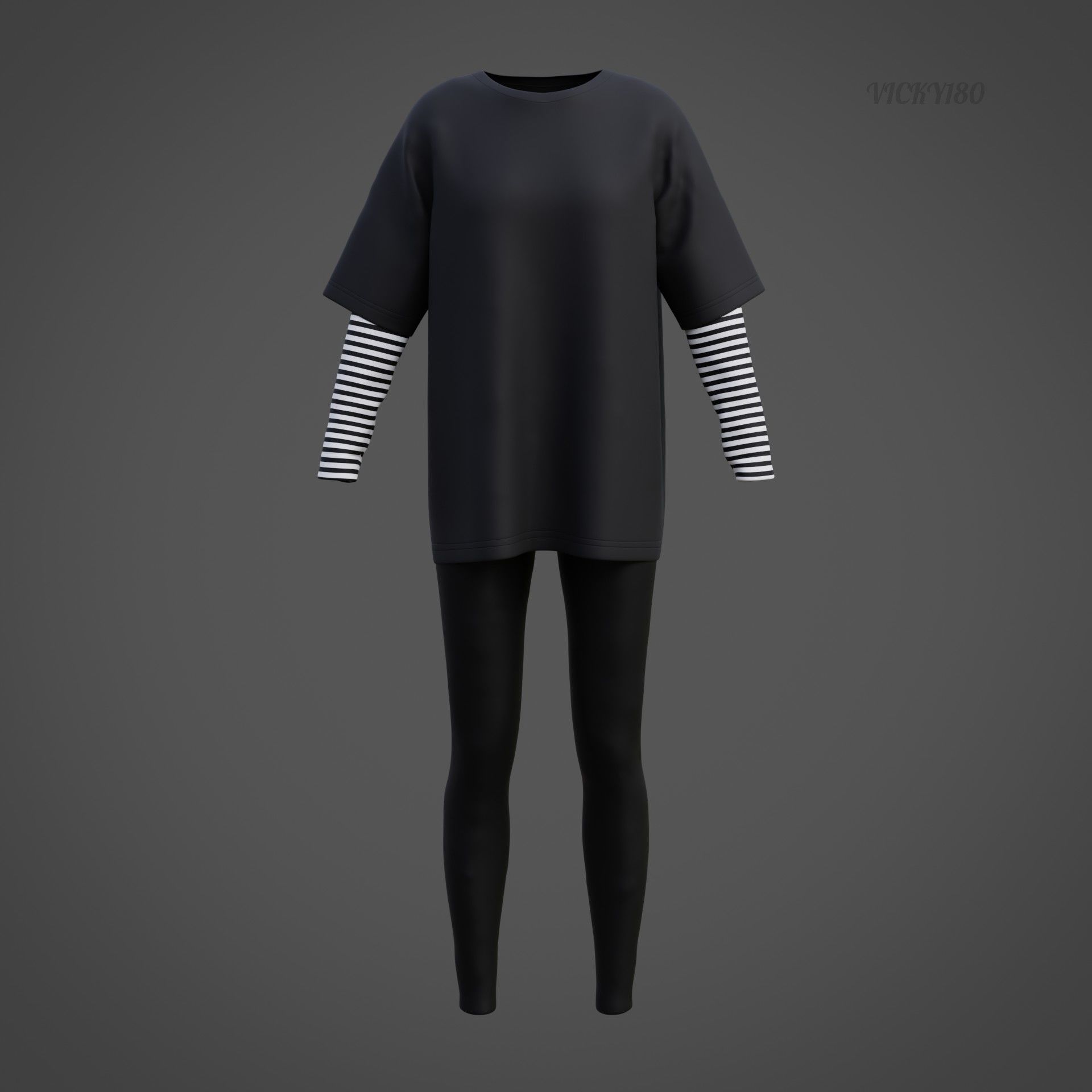 Oversized T-Shirt and Leggings Goth Outfit - White and Black ... 3D model_39
