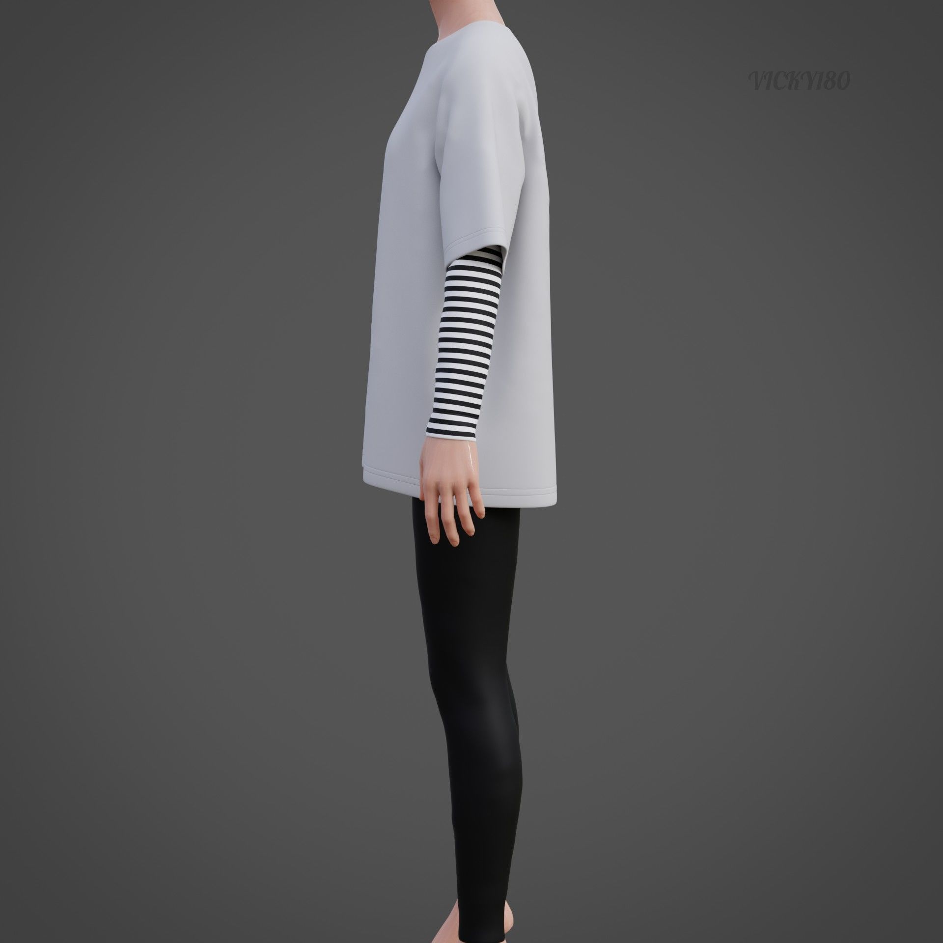 Oversized T-Shirt and Leggings Goth Outfit - White and Black ... 3D model_13