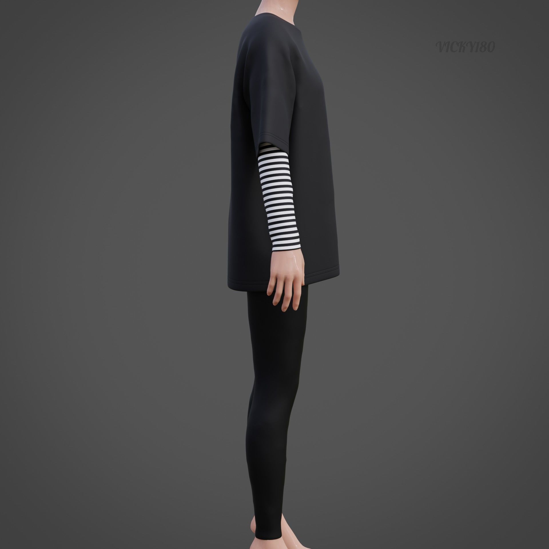 Oversized T-Shirt and Leggings Goth Outfit - White and Black ... 3D model_12
