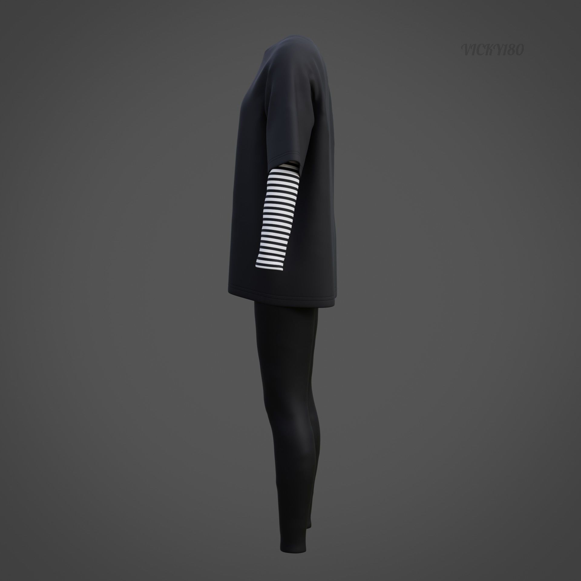 Oversized T-Shirt and Leggings Goth Outfit - White and Black ... 3D model_41