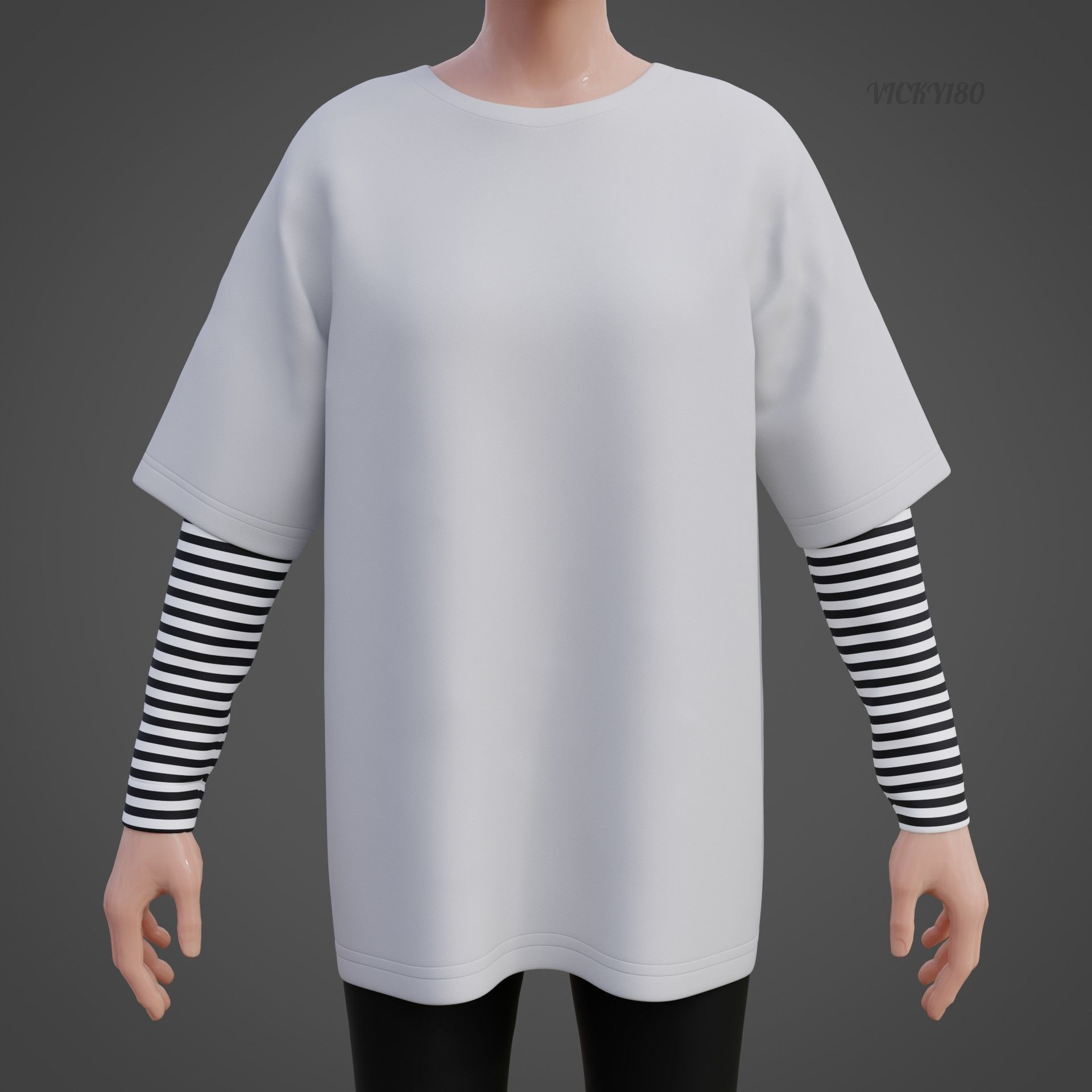 Oversized T-Shirt and Leggings Goth Outfit - White and Black ... 3D model_14