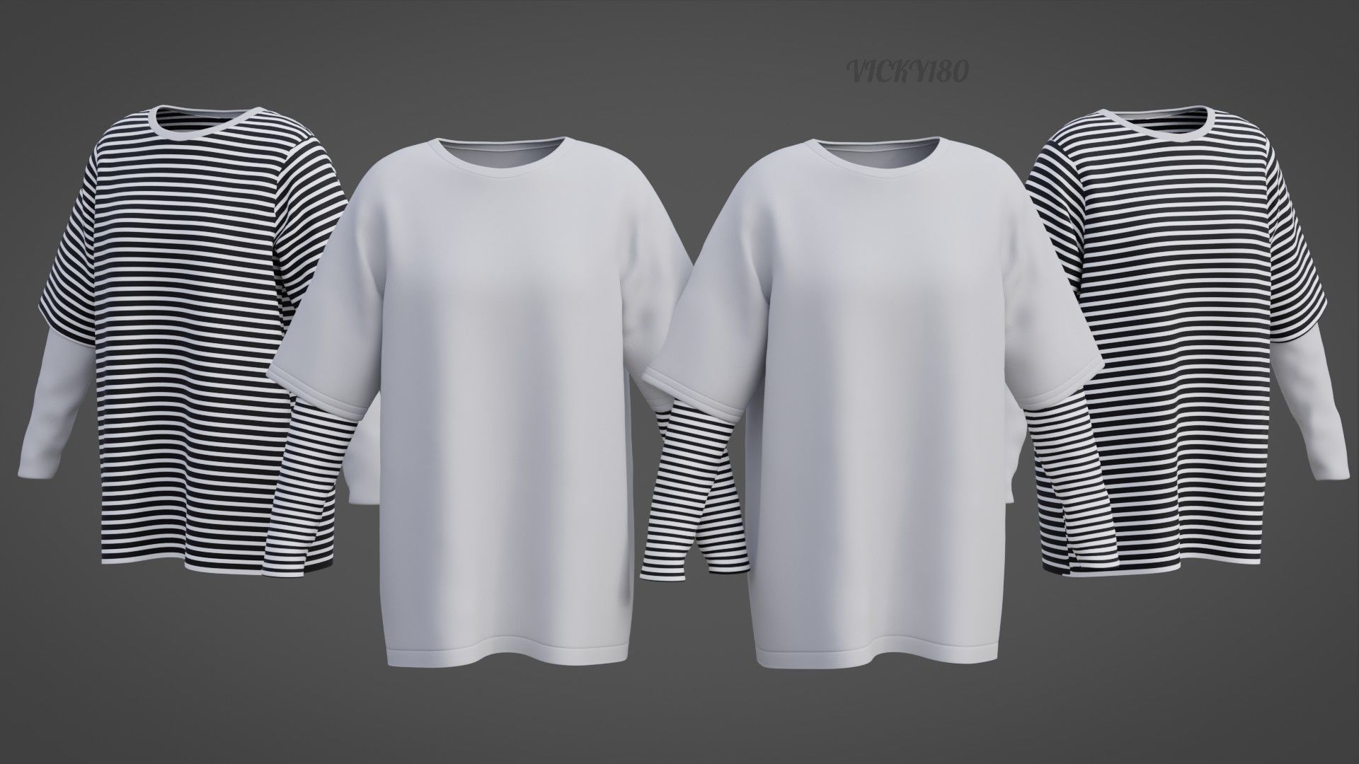 Punk Oversized Stripes Shirt - Harajuku Long Sleeves T-shirt  3D model_2
