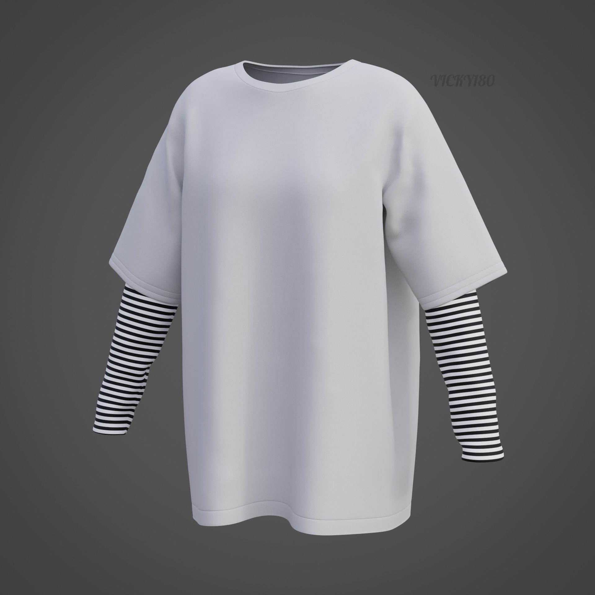 Punk Oversized Stripes Shirt - Harajuku Long Sleeves T-shirt  3D model_28