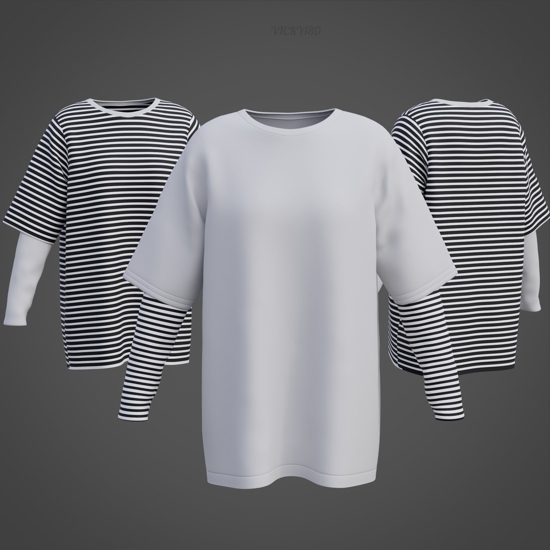 Punk Oversized Stripes Shirt - Harajuku Long Sleeves T-shirt  3D model_39