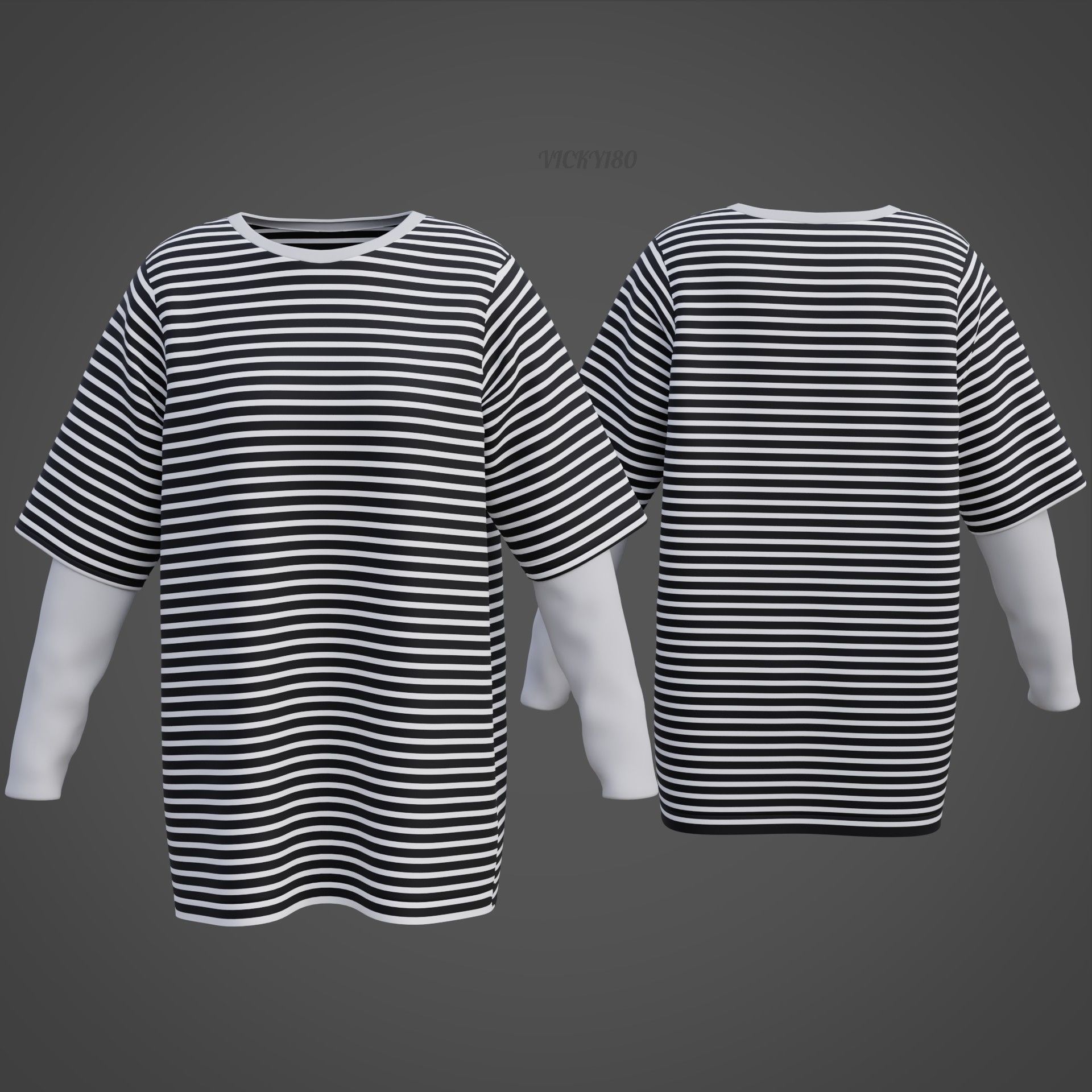 Punk Oversized Stripes Shirt - Harajuku Long Sleeves T-shirt  3D model_11