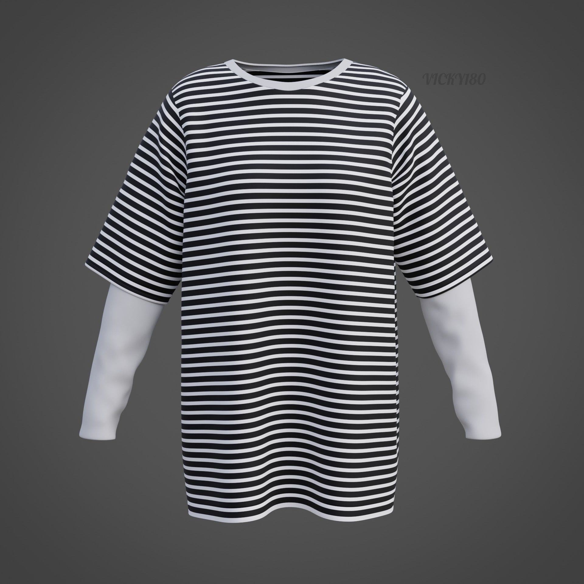 Punk Oversized Stripes Shirt - Harajuku Long Sleeves T-shirt  3D model_29