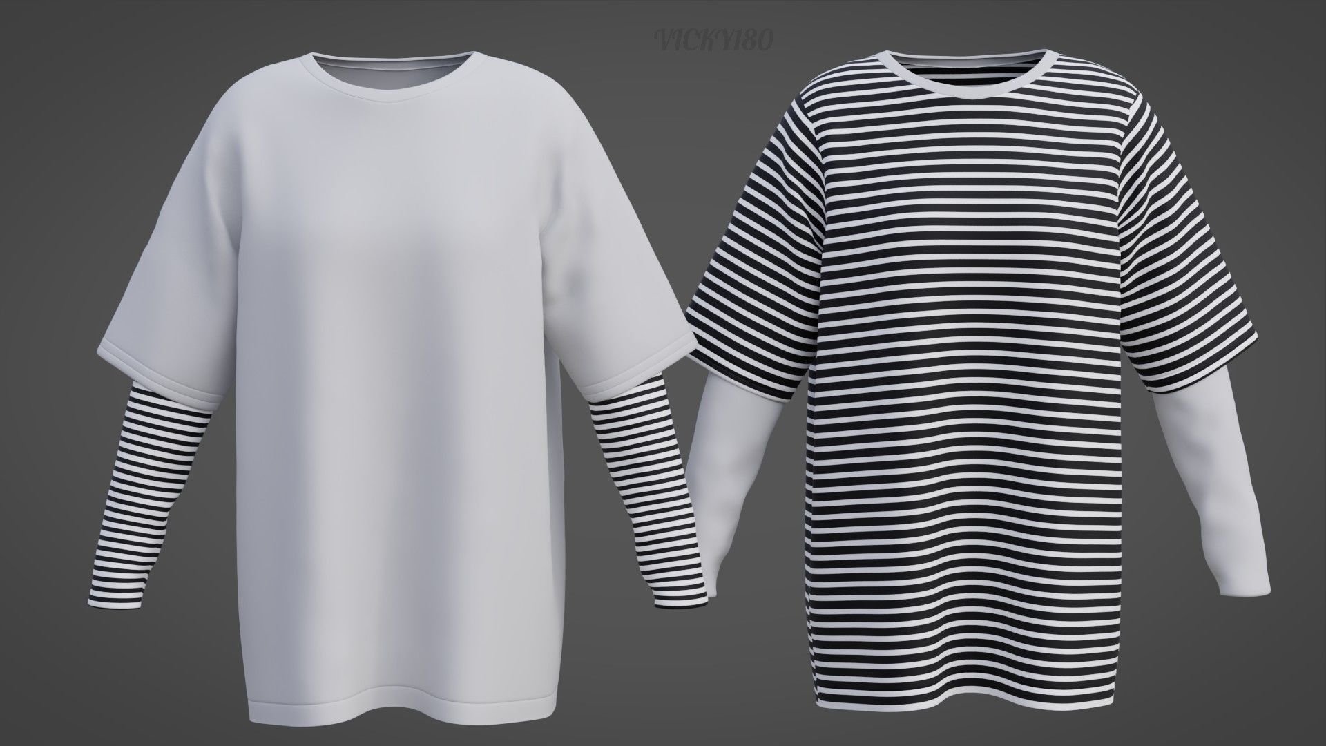 Punk Oversized Stripes Shirt - Harajuku Long Sleeves T-shirt  3D model_4