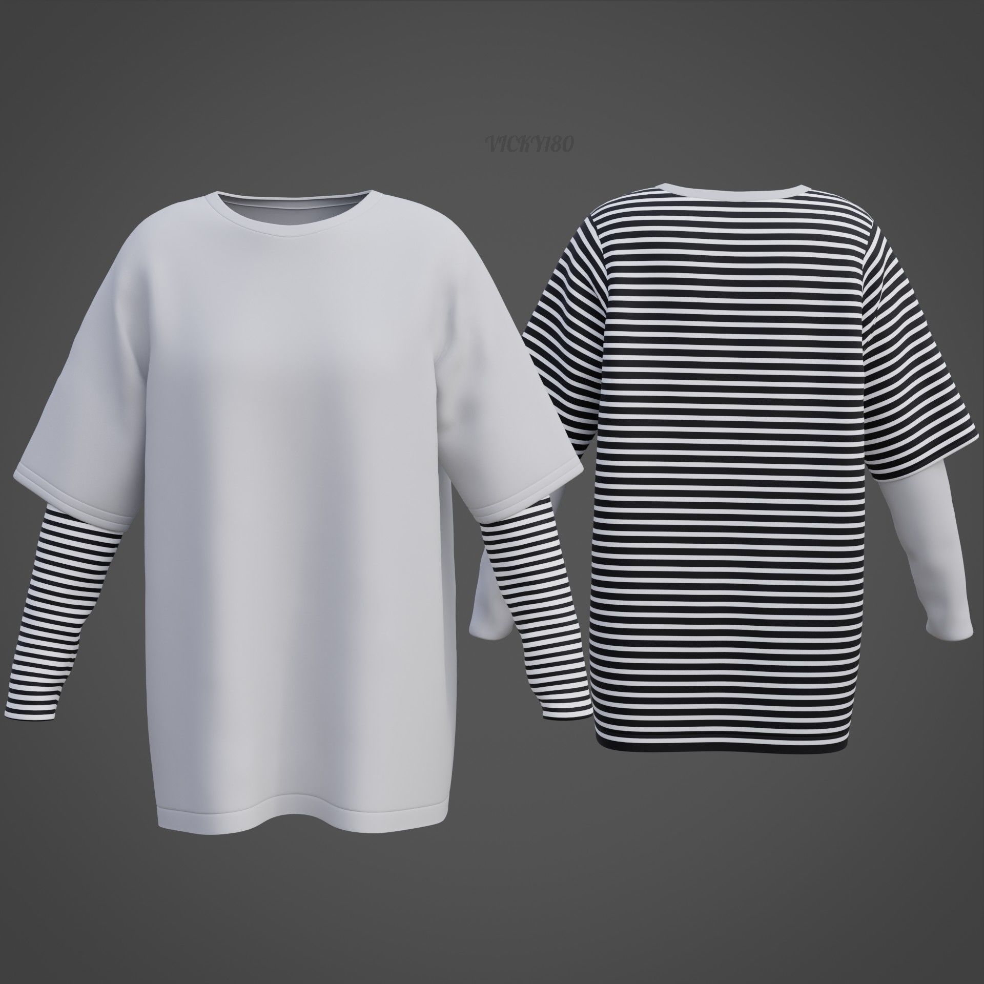 Punk Oversized Stripes Shirt - Harajuku Long Sleeves T-shirt  3D model_15