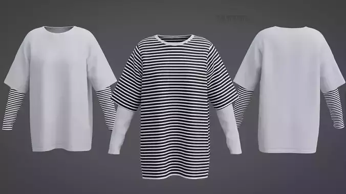 Punk Oversized Stripes Shirt - Harajuku Long Sleeves T-shirt  3D model