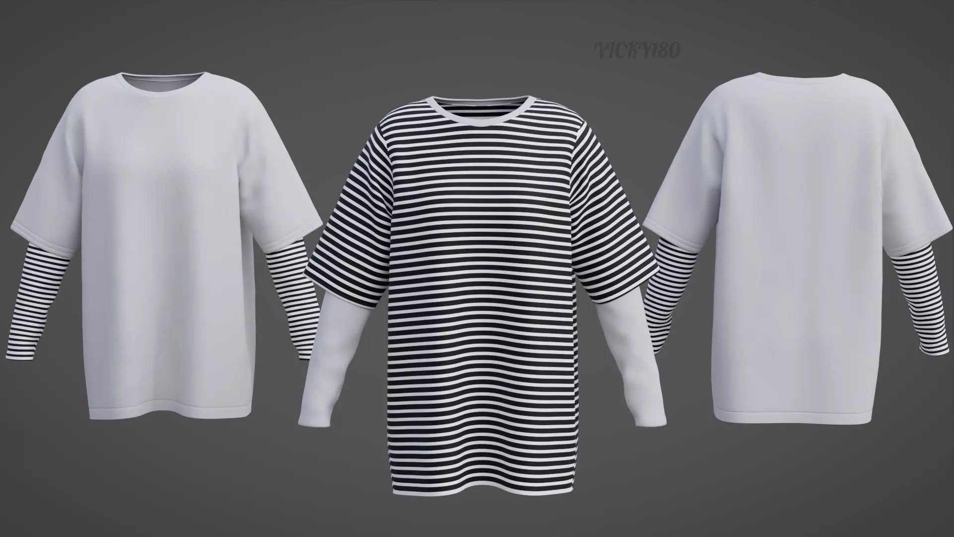 Punk Oversized Stripes Shirt - Harajuku Long Sleeves T-shirt  3D model_0