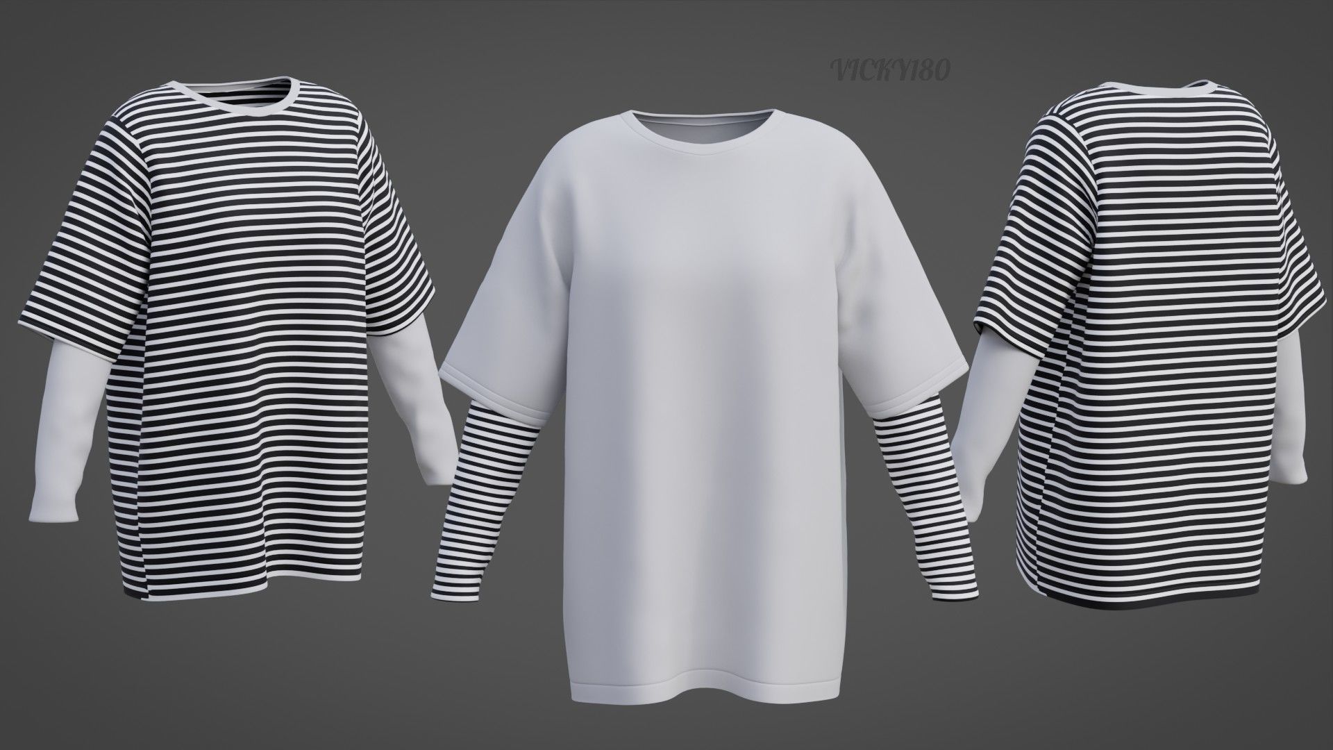 Punk Oversized Stripes Shirt - Harajuku Long Sleeves T-shirt  3D model_1