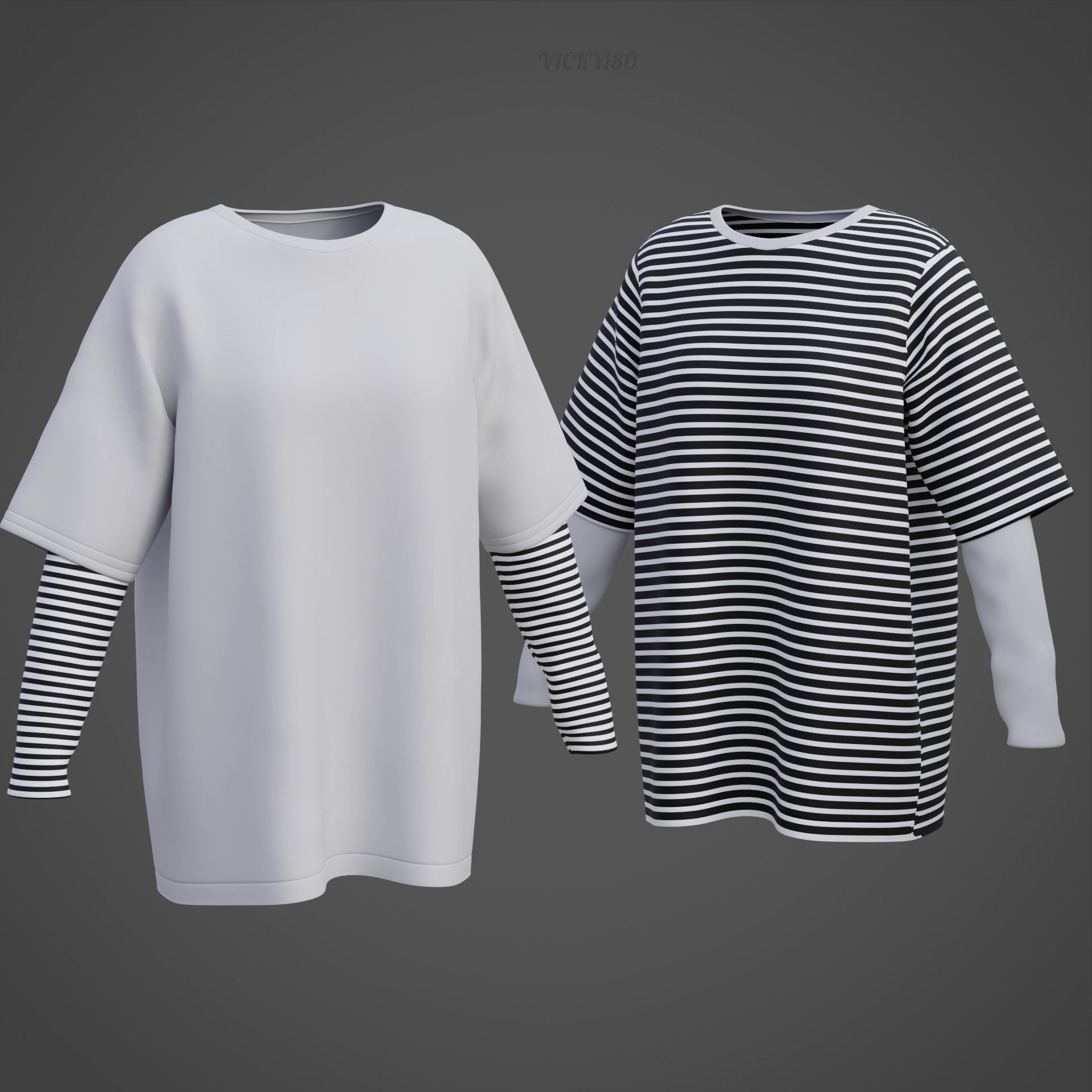 Punk Oversized Stripes Shirt - Harajuku Long Sleeves T-shirt  3D model_14