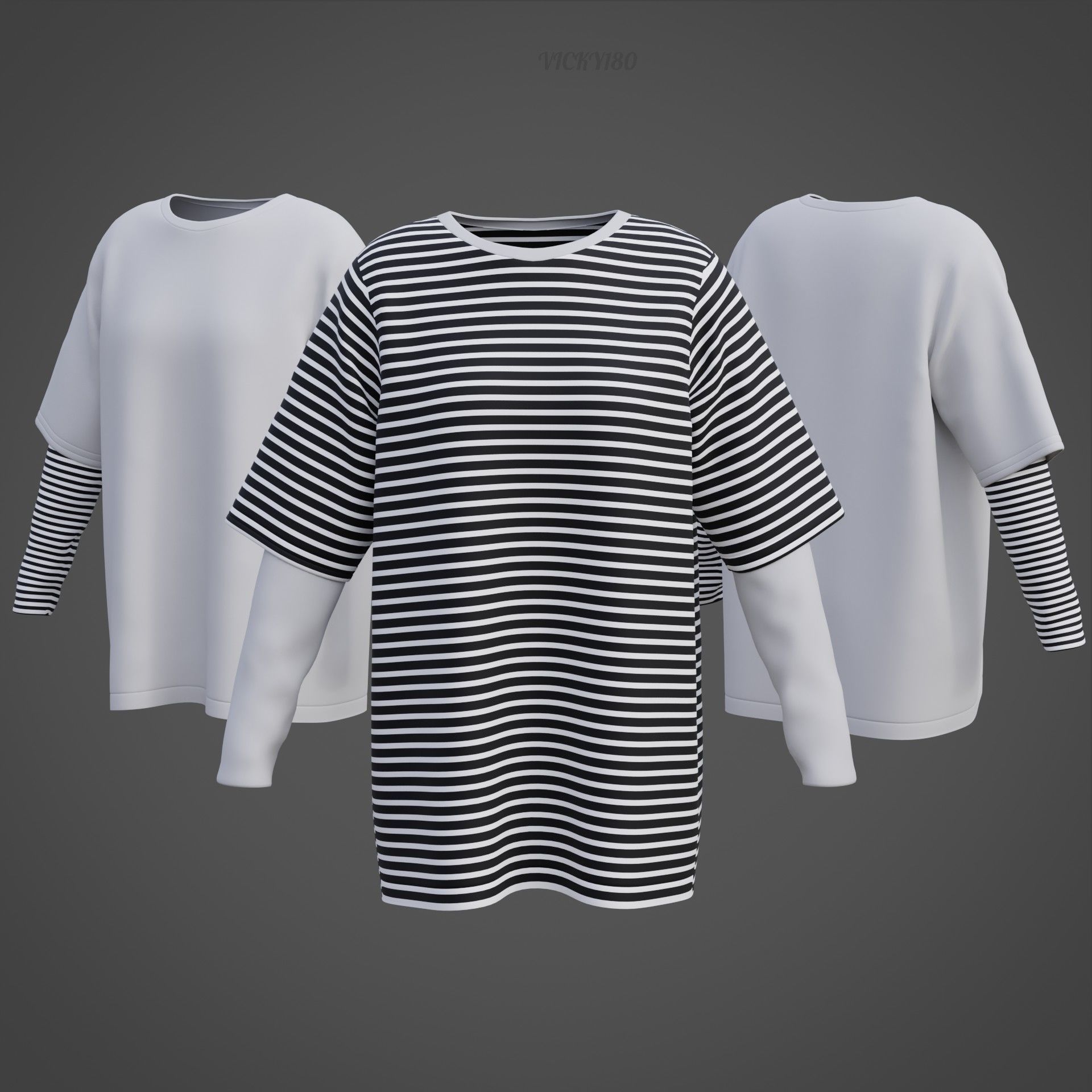 Punk Oversized Stripes Shirt - Harajuku Long Sleeves T-shirt  3D model_16