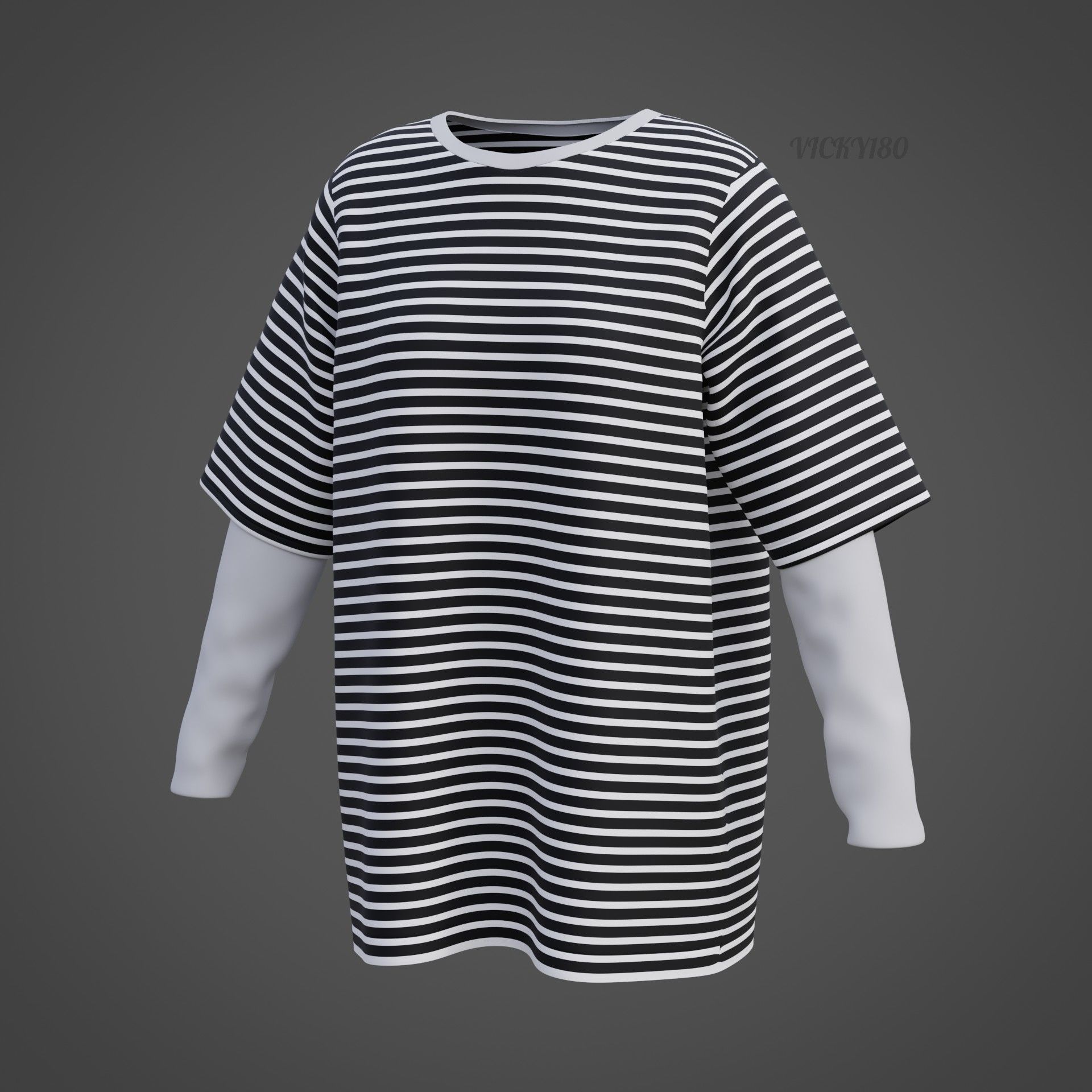 Punk Oversized Stripes Shirt - Harajuku Long Sleeves T-shirt  3D model_38